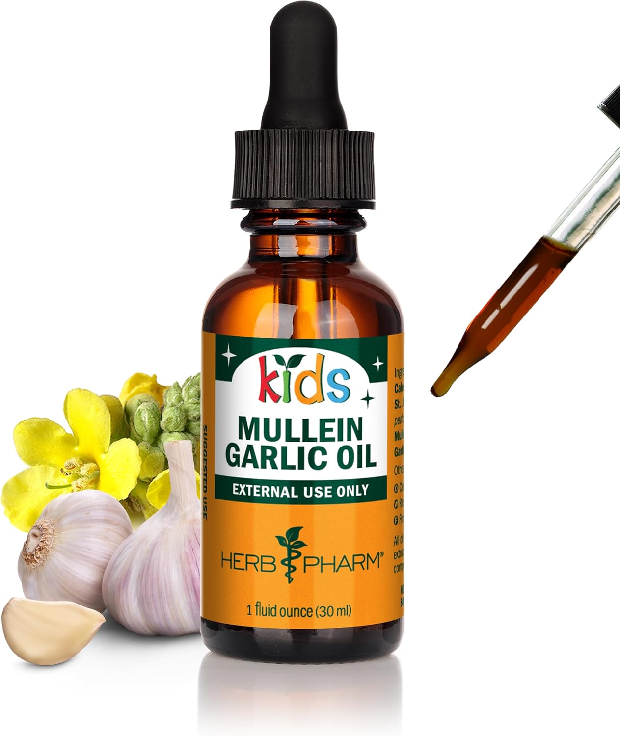 Herb Pharm Kids Mullein Garlic Ear Oil: Alcohol-Free Herbal Ally for Kids, Made with Certified Organic Mullein, Certified Organic Garlic, & USDA Organic Calendula, Topical Use Only, for Children, 1 oz