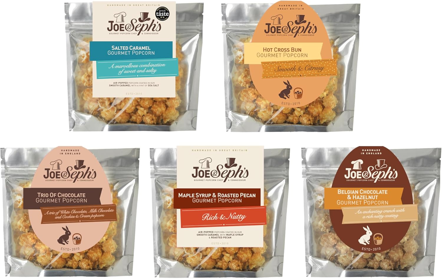 Joe & Seph's Easter Popcorn Tasting Selection (5x30g) Gingerbread, Salted Caramel, Trio of Chocolate, Belgian Chocolate, Hazlenut and Maple Syrup Pecan, gourmet popcorn, easter gifts