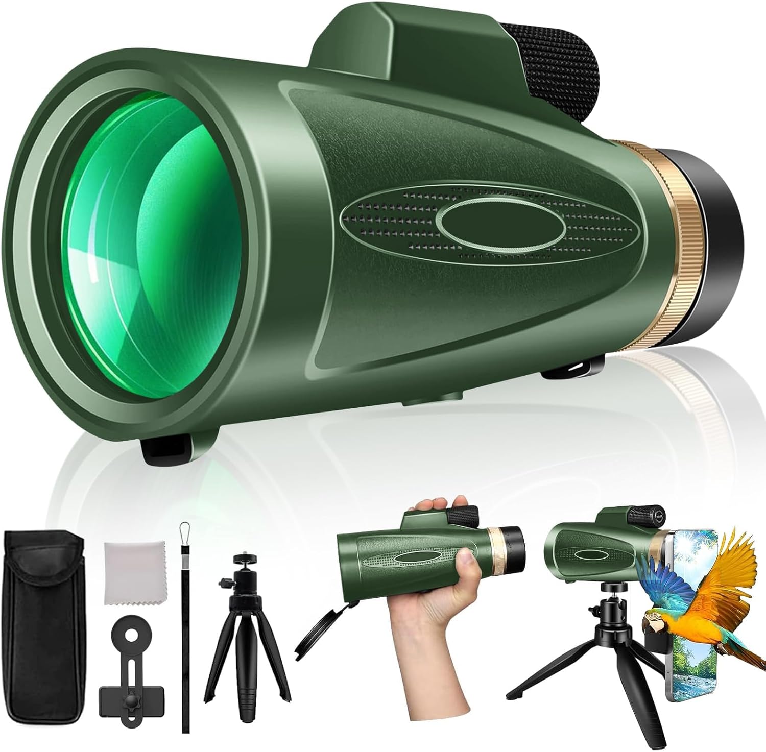 Monocular Telescope 80x100 HD Monoculars for Adults with Tripod & Phone Adapter Monoculars for Bird Watching Stargazing Camping Hiking Hunting Wildlife Travel-Green