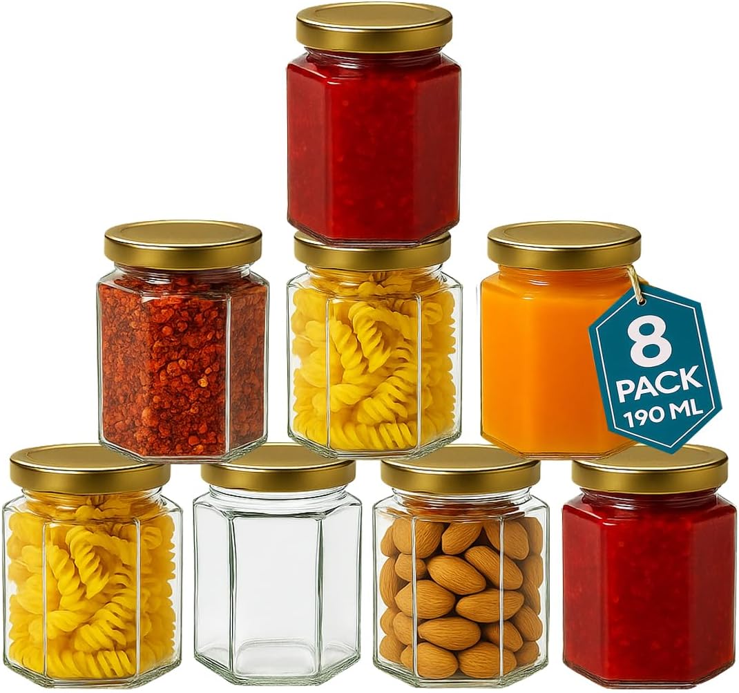 190ml / 7 oz Hexagonal Glass Jars with Lid - Pack of 8 Clear Airtight Preserving Glass Jars for Jam, Yogurt, Pickle