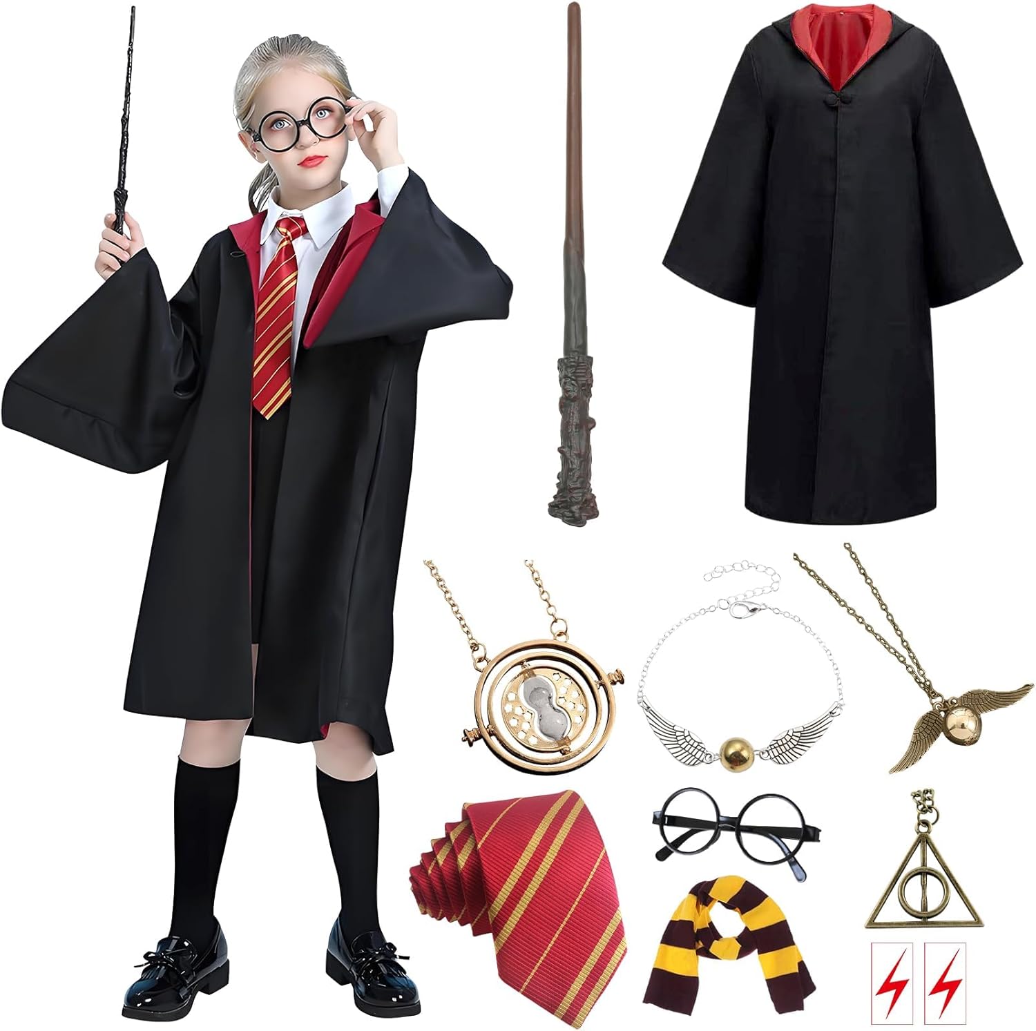 ZOCONE 11 PCS Wizard Costume Cosplay, Wizard Robe Magician Costume Cosplay set with Gryffindor Robe Magic Wand Glasses Tie Necklace Harry Wizard costume for Kids Halloween