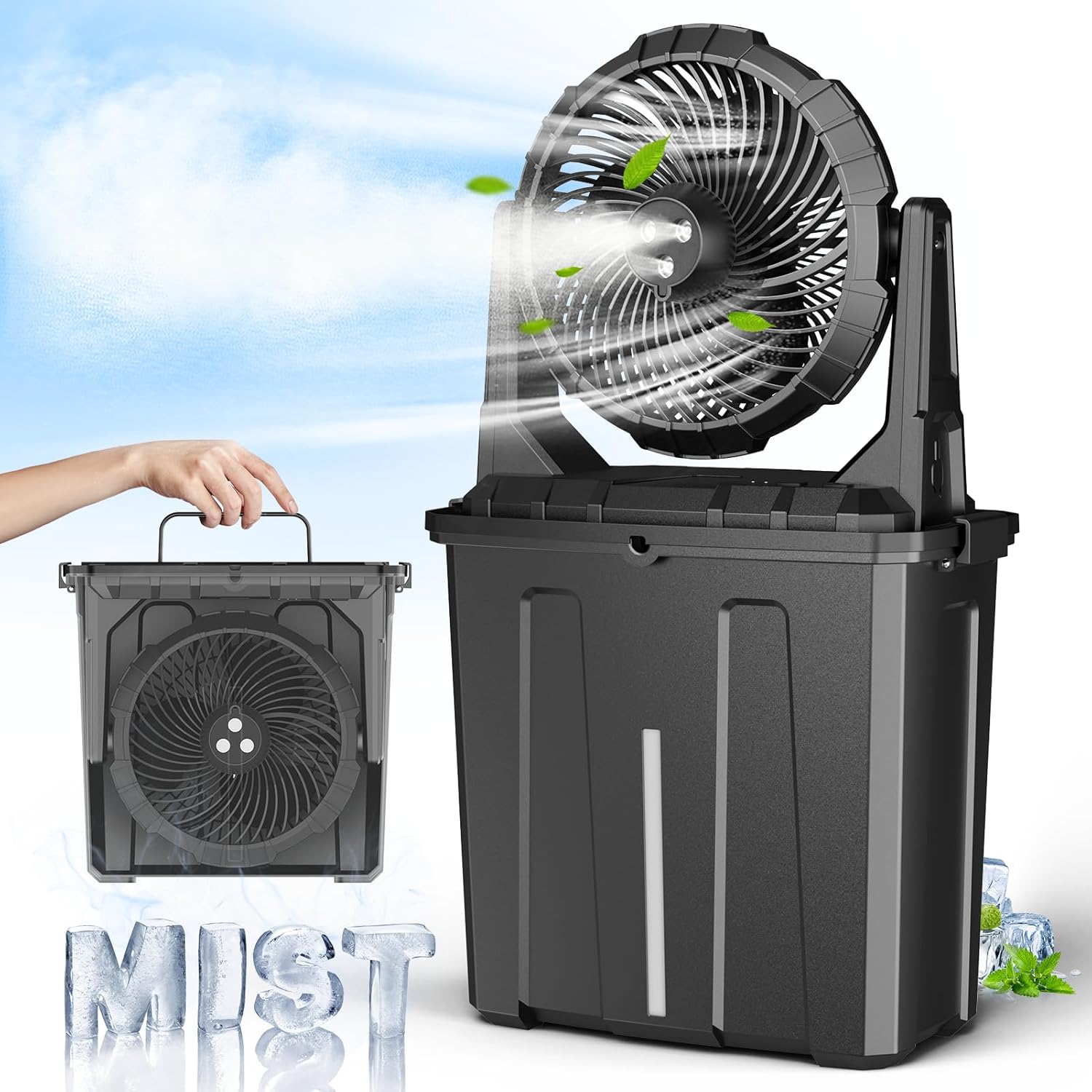 Ausic 9L Bucket Portable Misting Fan for Outdoors/Patios/Golf - 10IN, 20000mAh Rechargeable Battery Operated Travel Water Cooling Fan, Beach Camping Essentials - 3 Large Spray Misters
