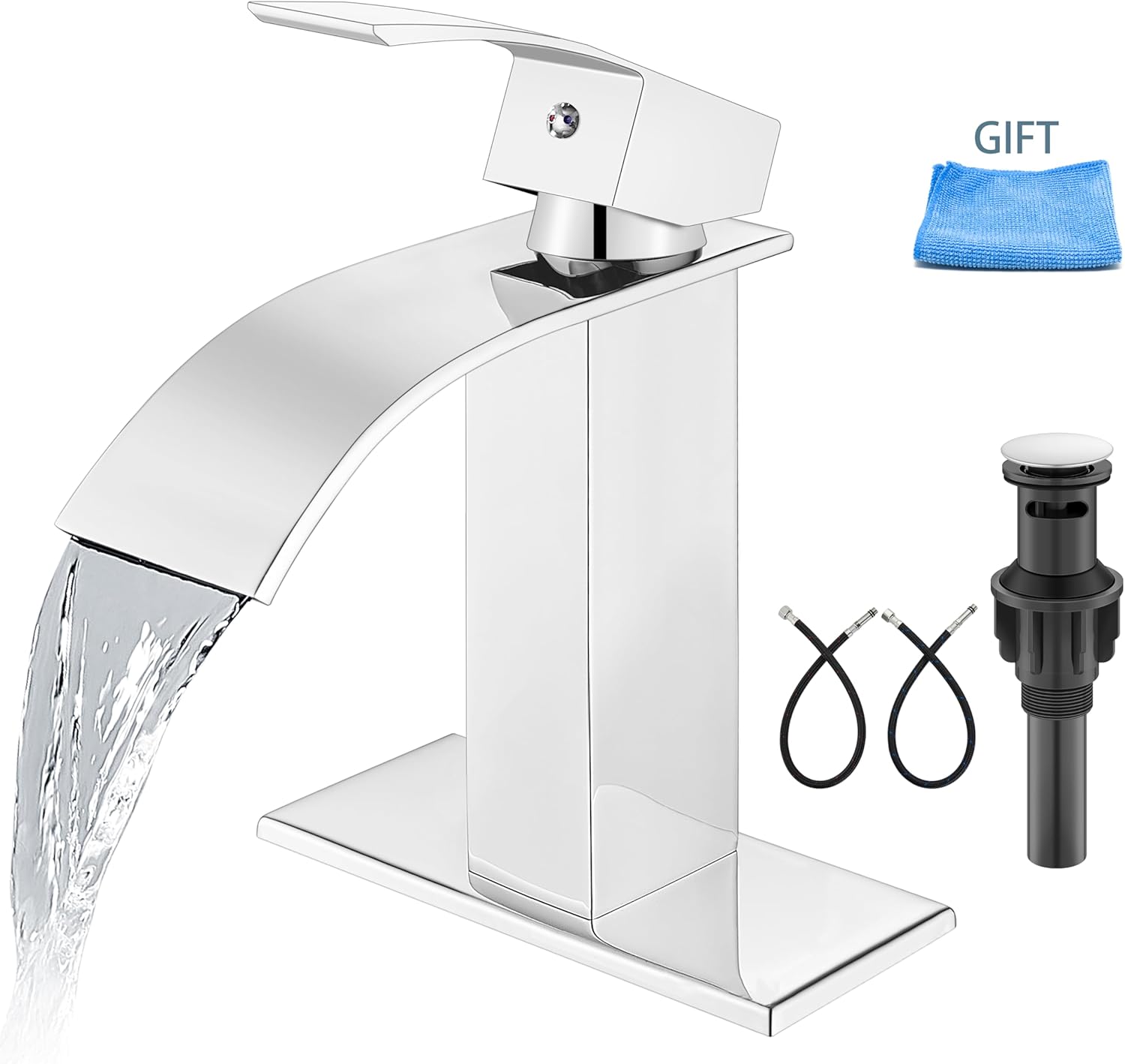 Aolemi Bathroom Faucet Single Handle 1 Hole Deck Mount Lavatory Vanity RV Sink Mixer Basin Tap with Cover Plate and Pop Up Drain Assembly, Polish Chrome, Waterfall Spout