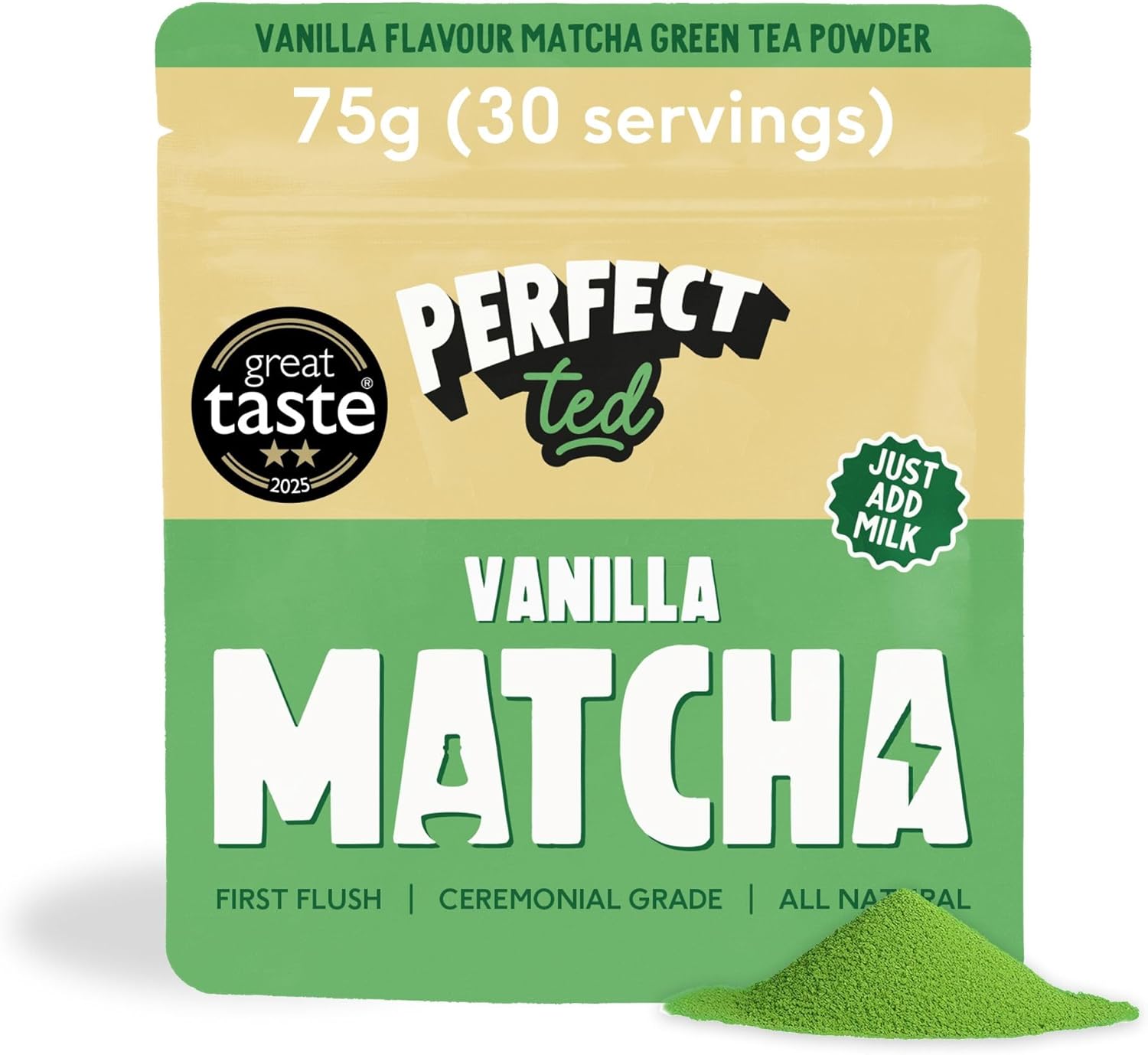 PerfectTed Vanilla Bean Matcha Powder, Ceremonial Grade Japanese, 75g (30 Servings), Perfect for Lattes, Smoothies & Baking | with L-Theanine | Natural Flavours | Vegan