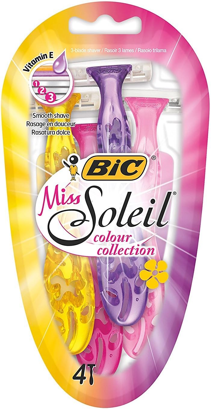BIC Miss Soleil Colour Collection Lady Razors, Triple-Blade Razors, Vitamin E Enriched Lubricating Strip - Pack of 4