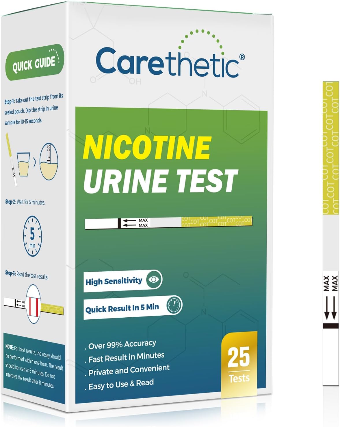 [25 Pack] Carethetic Nicotine Testing Kit at Home - Highly Sensitive Nicotine Cotinine Tobacco Urine Test Strips for Home - Nicotine Urine Test Strips Detection at 200 ng/mL