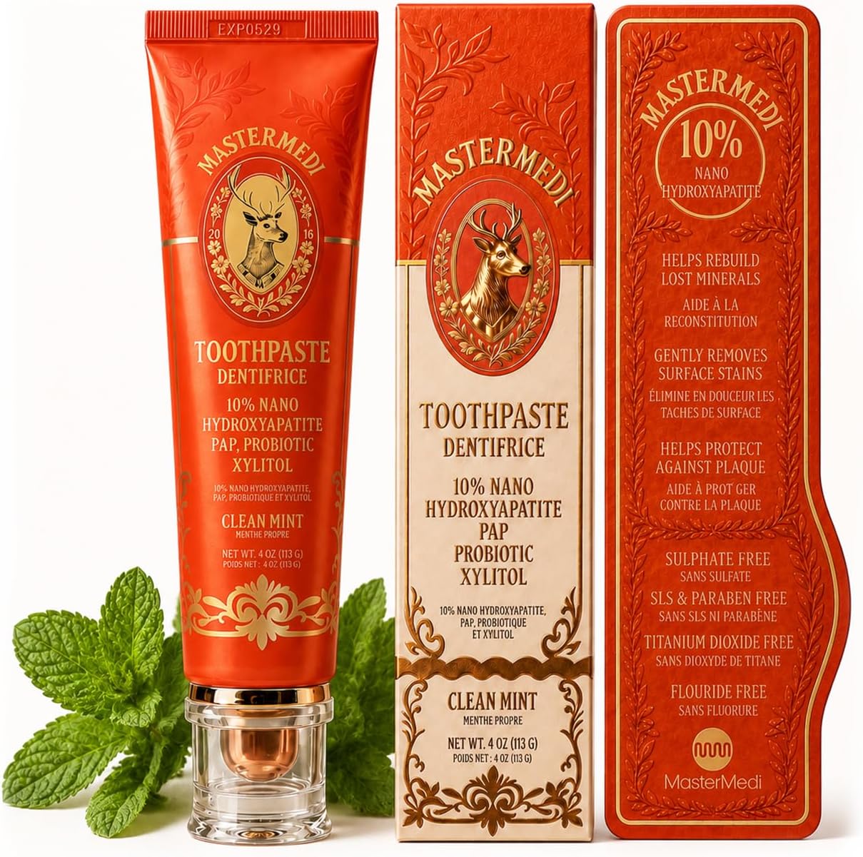 MasterMedi 4-in-1 Formula with 10% Nano Hydroxyapatite Toothpaste (nHA), Probiotic, Pap & Xylitol. Fluoride & SLS Free. Whitening and Enamel Support, Gentle for Sensitive Teeth – Fresh Mint