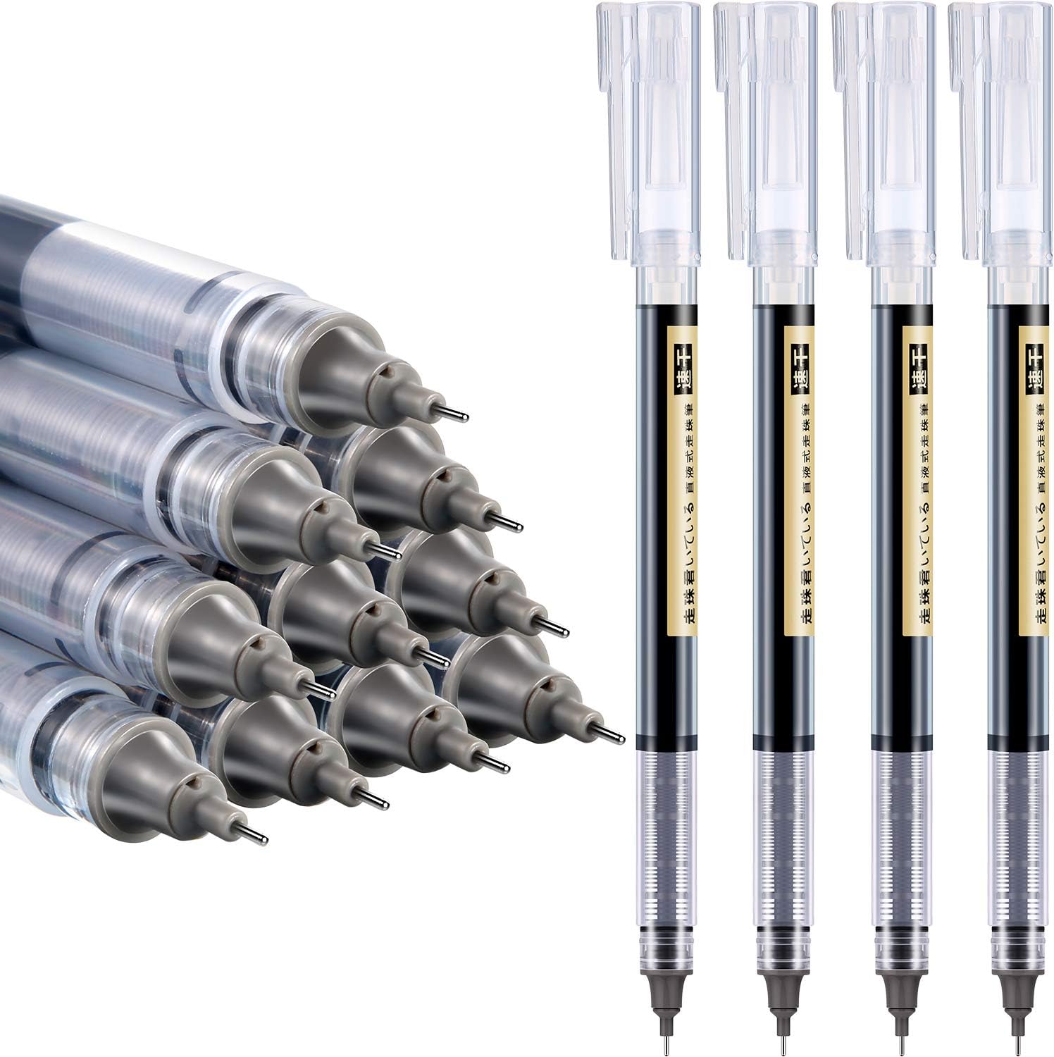 Frienda 12 Pieces Rolling Ball Pens 0.5 mm Japanese Quick Drying Fine Point Pens Liquid Ink Smooth Writing for Office Student Back to School Supplies(Black)