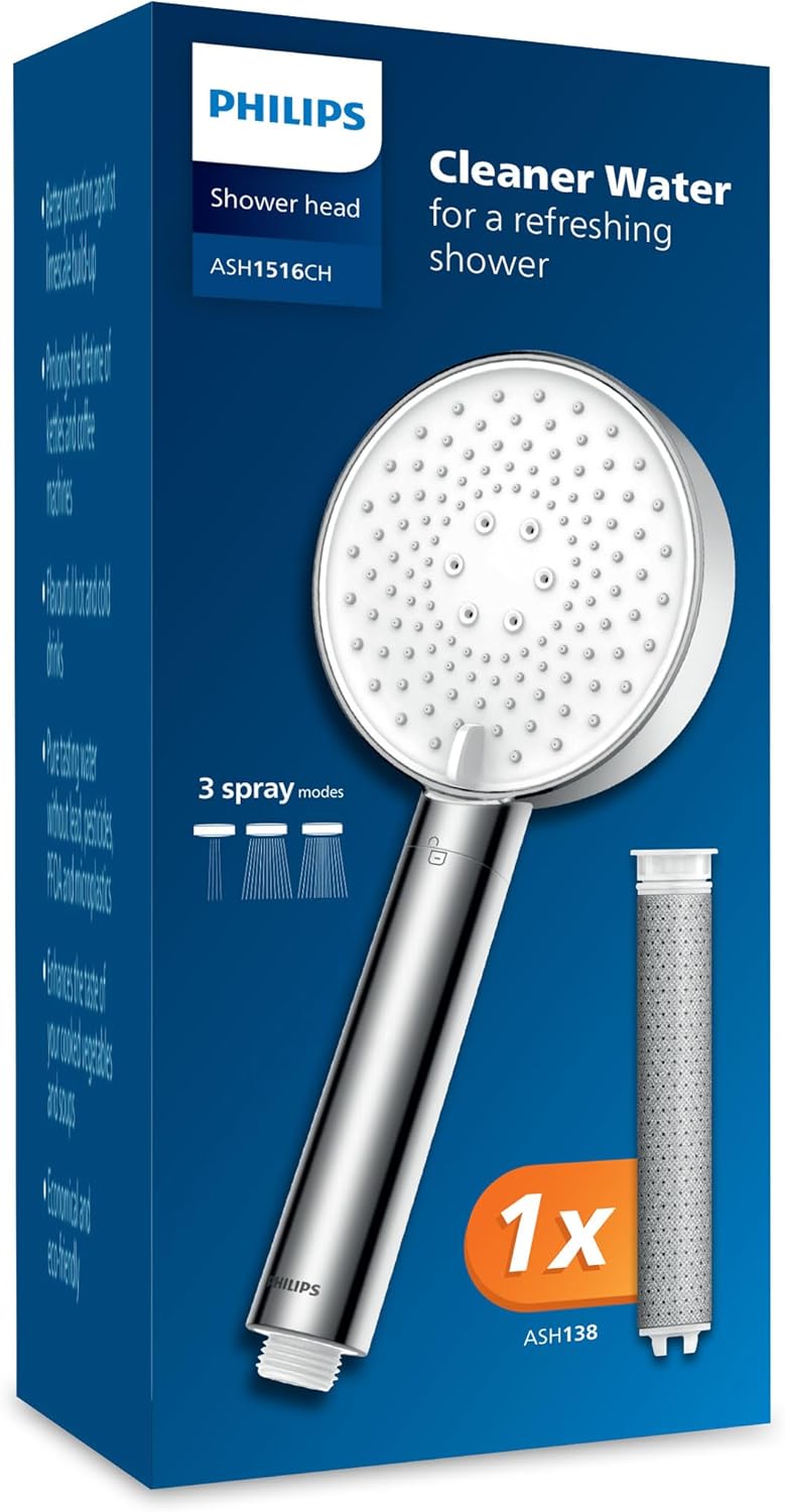 Philips Showerhead with Filter Effectively removes Chlorine and Other coarse Particles, Three Spray Modes, Pressure-Enhancing Design, 1-Month Filtration Capacity