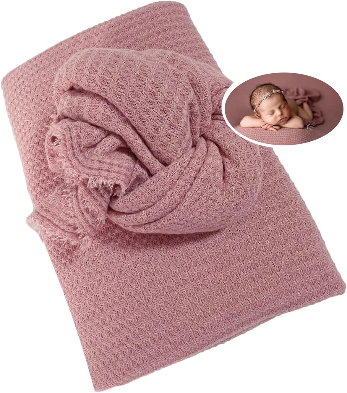 Honra Newborn Photography Wraps Backdrops Sets Baby Photoshoot Props Studio Beanbag Posing Stretch Fabric Waffle Knit for Boys Girls (Mauve, Wrap with Backdrop)