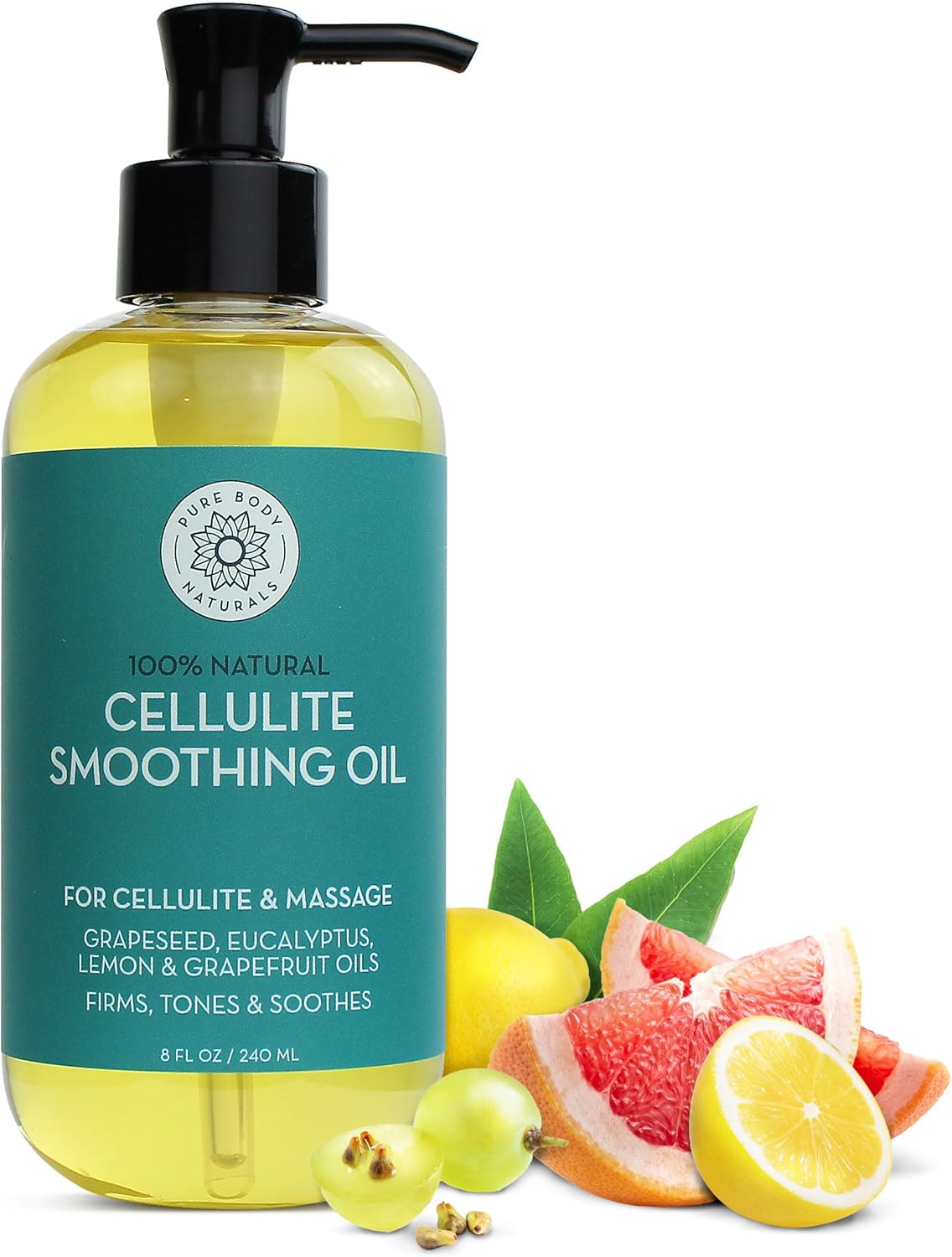 Pure Body Naturals Anti Cellulite Massage Oil, 8 fl oz | 100% Natural Cellulite Remover for Legs and Thighs | Chemical Free Firming Body Oils for Women, Tightens Skin and Reduces Stretch Marks