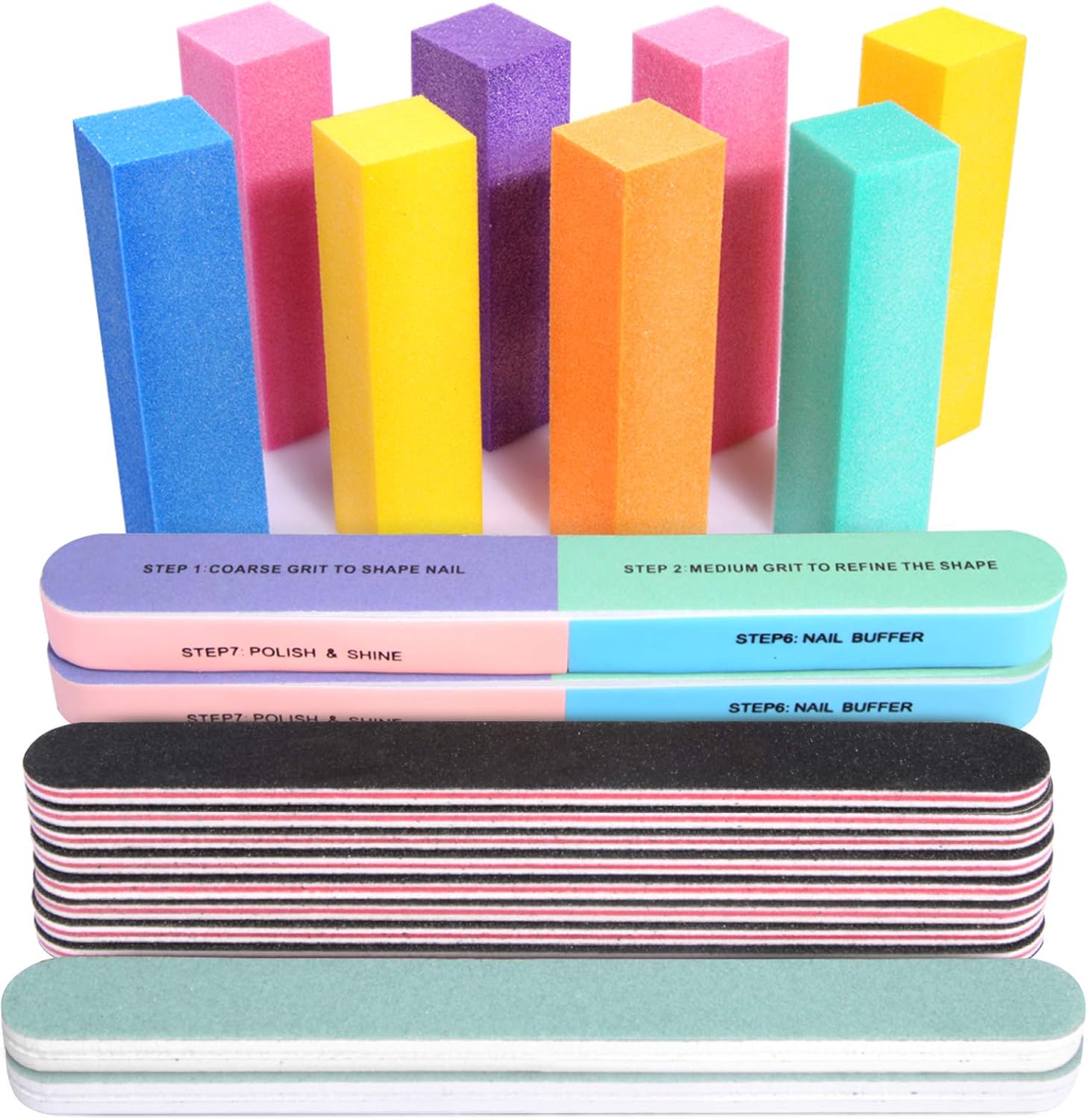 FANDAMEI Nail Files and Buffers, 100/180 400/4000 Grit Professional Manicure Tools Kit Rectangular Art Care Buffer Block Tools, 7 Ways Buffer Block for Trim, Polish and Shine Nail, 20Pcs/Pack