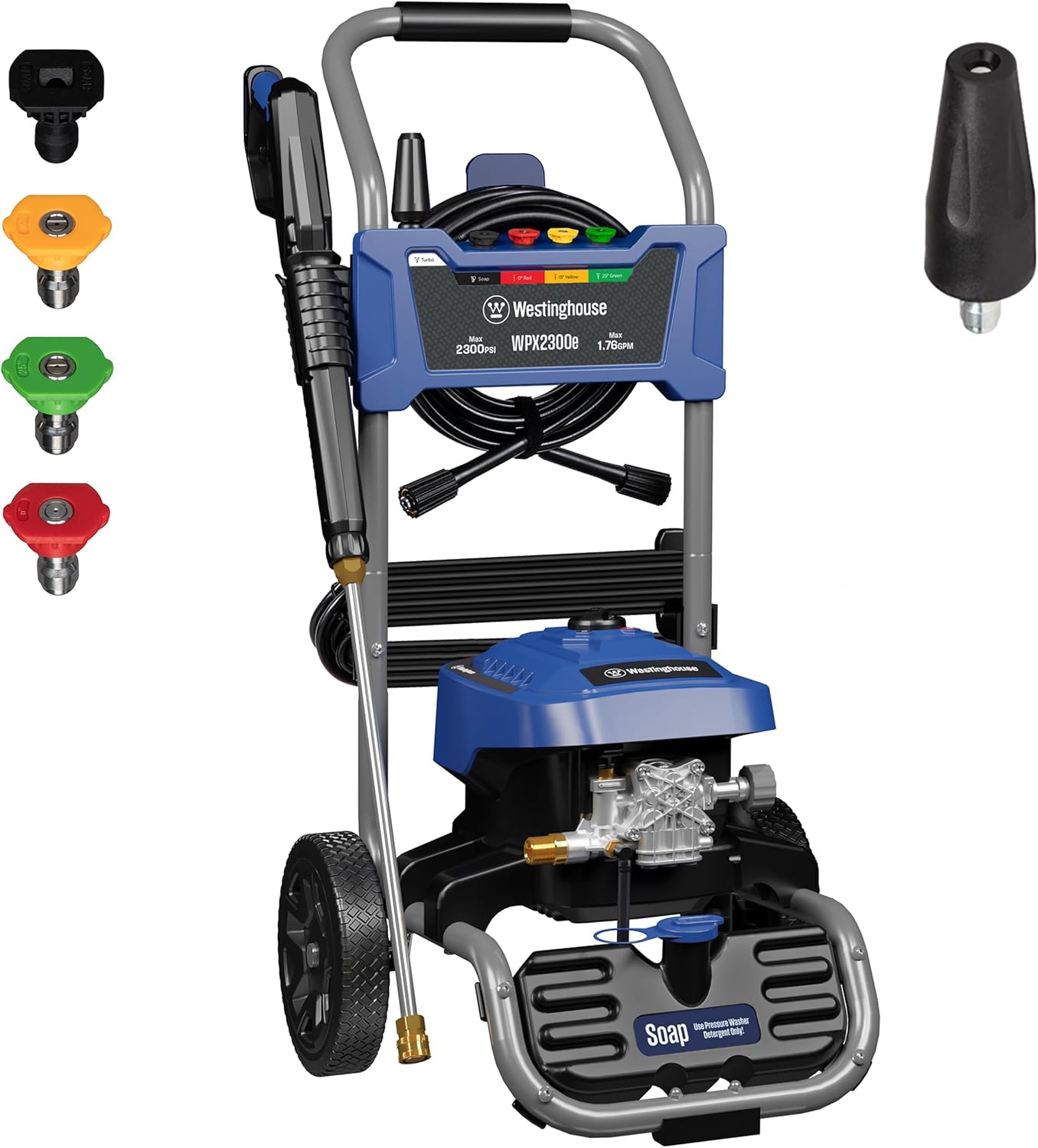 Westinghouse WPX2300e Electric Pressure Washer, 2300 Max PSI and 1.76 Max GPM, Induction Motor, Onboard Soap Tank, Spray Gun and Wand, 5 Nozzle Set, for Cars/Fences/Driveways/Homes/Patios/Furniture