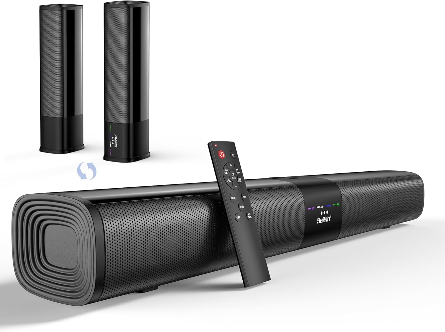 Saiyin Soundbar for TV, Sound Bar with Optical/ARC/AUX and Bluetooth 5.3 Inputs, 50W Peak Power, Surround Sound System with Flexible Placement Options,Wall Mountable