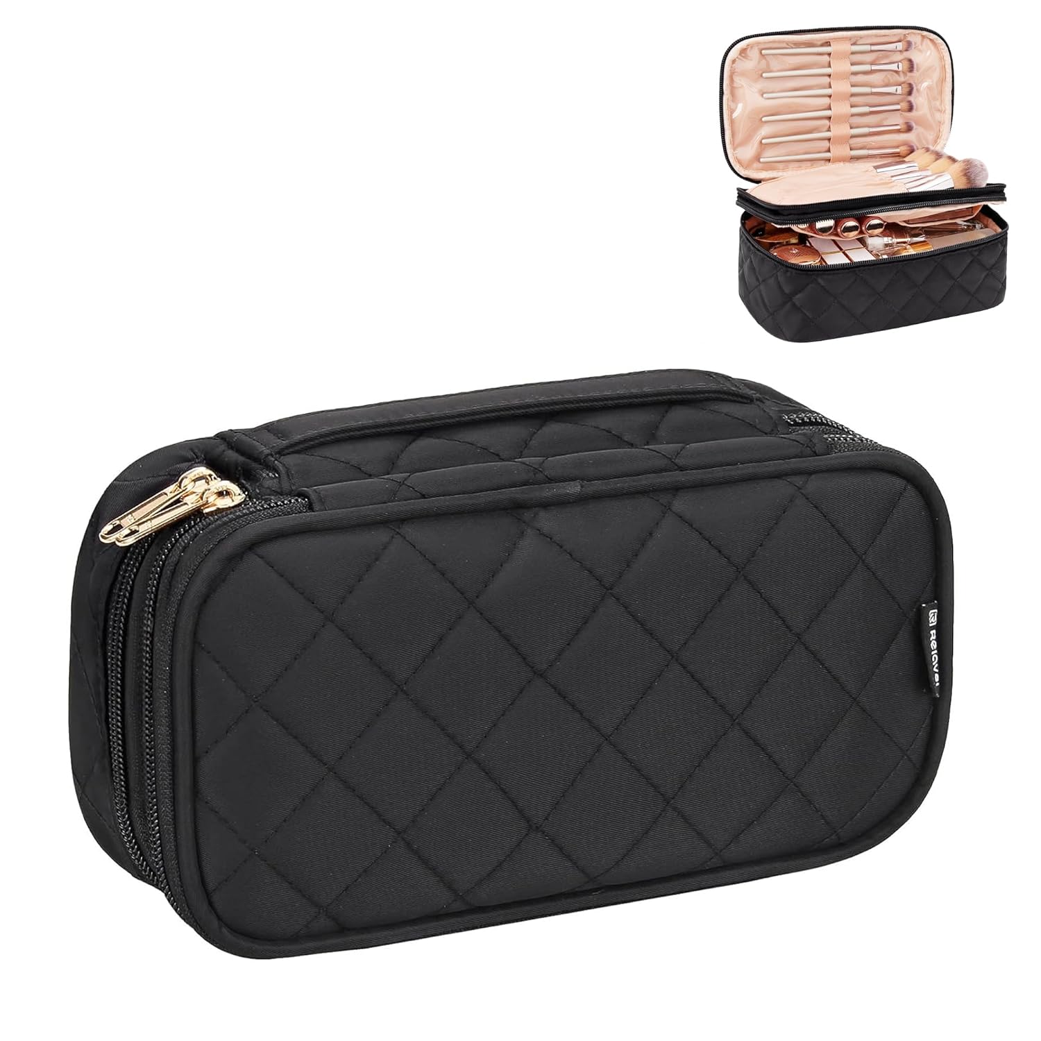 Relavel Makeup Bag, Small Makeup Bag for Women, Travel Cosmetic Bag, 2 Layers Waterproof Makeup Organizer Storage with Makeup Brush Holder, Black