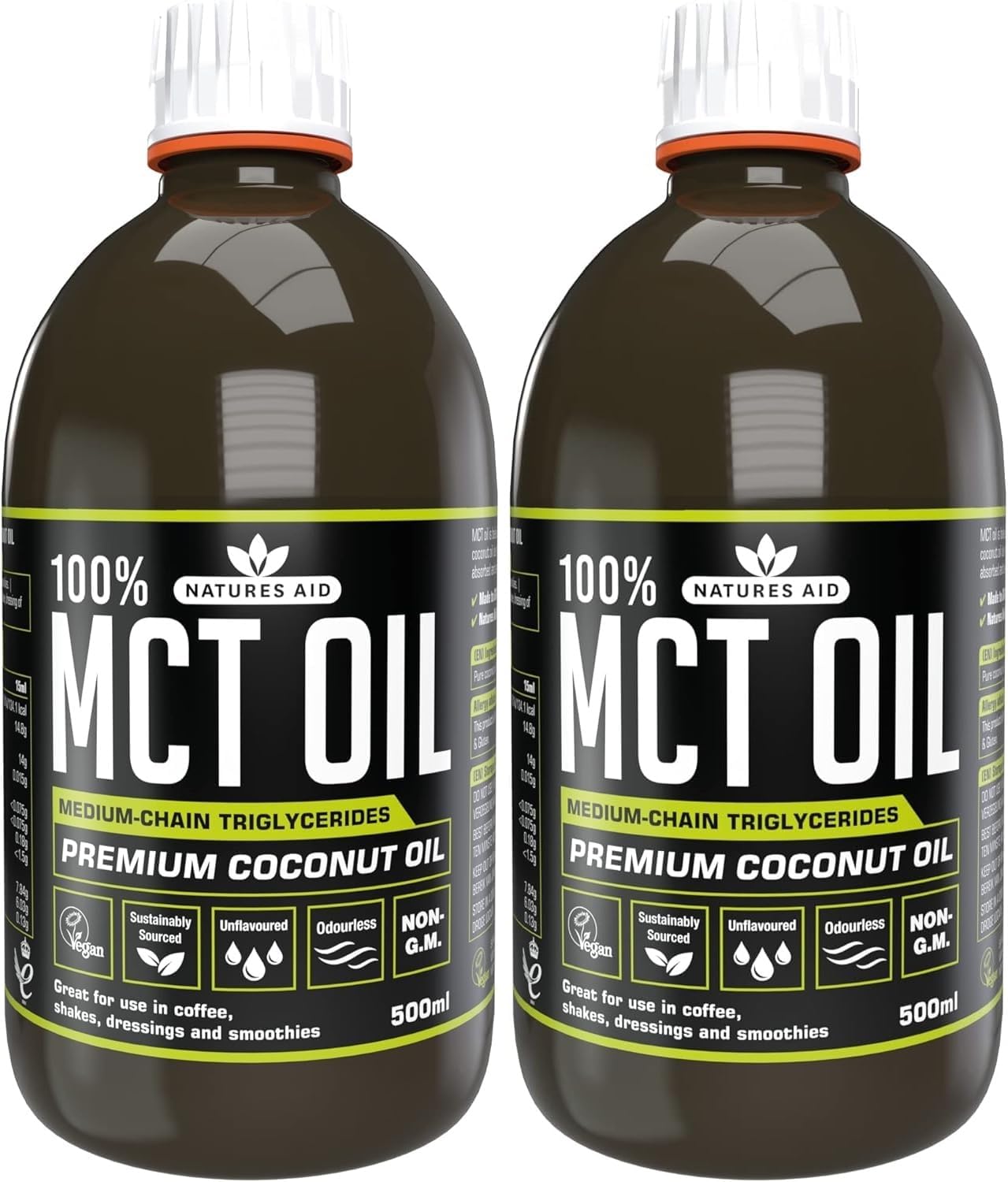 Natures Aid 100% MCT Oil - Premium Coconut Oil 500ml (Pack of 2)