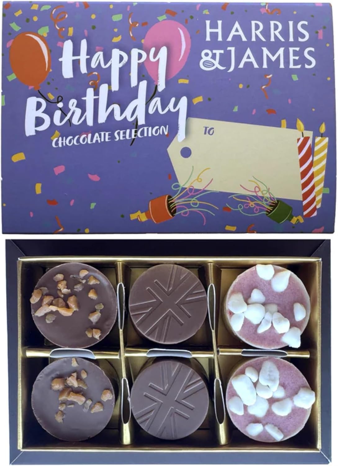 HARRIS & JAMES Happy Birthday Gift Box (6 Pack) Filled With Milk and White Chocolate Truffles. Handcrafted Chocolate In Three Flavours Eton Mess, Salted Caramel & Biscuit Royal.