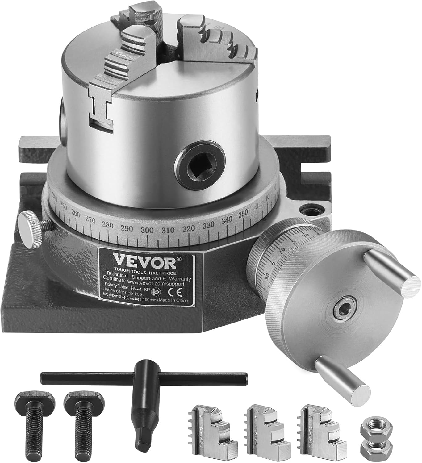 VEVOR Rotary Table for Milling Machines, 4''/ 100 mm, Horizontal Vertical Model Precision Milling Rotary Table, with 3.1''/80 mm 3-Jaw Chuck M10 T-Bolts Nuts, for Milling Engineering Indexing Tools