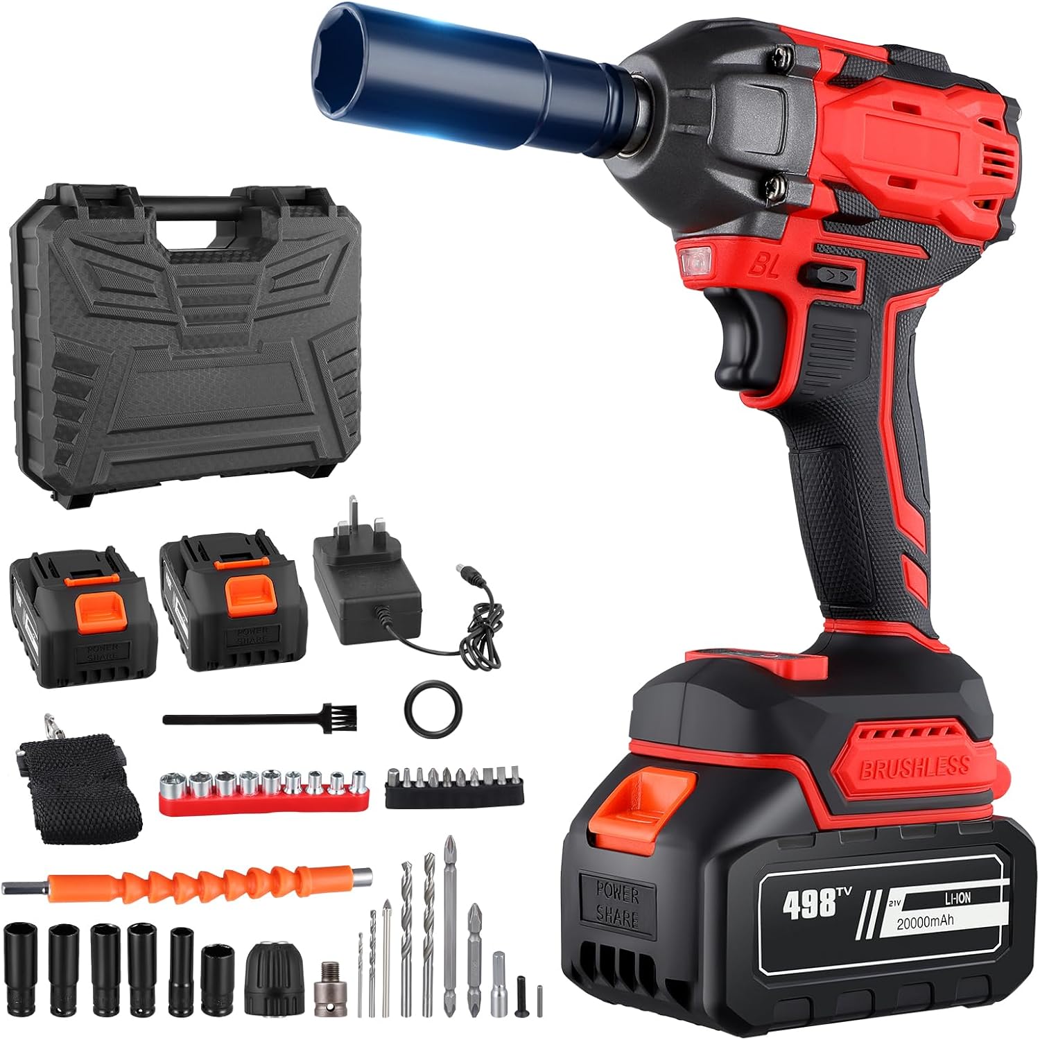 Brushless Impact Wrench 21V, 600N.m Cordless Impact Gun with 2x4.0Ah Battery, Forward Reverse Electric Impact Driver, 1/2" High Torque Impact Wrench Set for Car Tire Truck