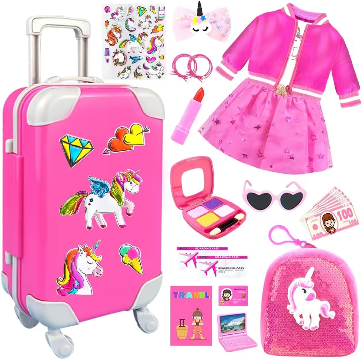 23Pcs 18 Inch Girl Doll Accessories Case Luggage Travel Play Set with Clothes, Bag, Computer Glasses, Makeup, Stickers, Stuff for 18 inch Doll - Christmas & Birthday Gift