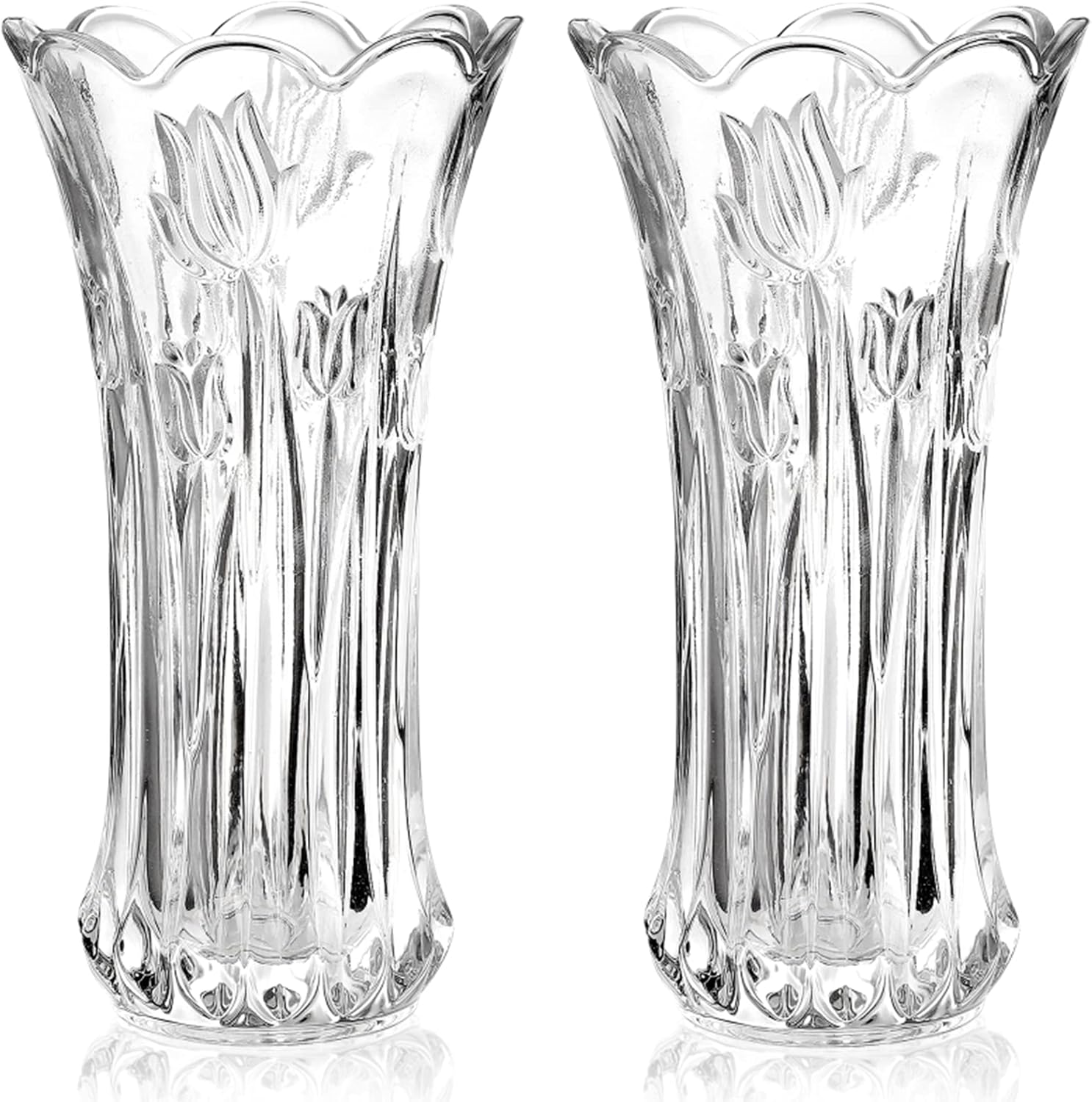 Dicunoy Set of 2 Glass Flower Vase, 9.5" Large Flower Vases for Living Room, Modern Clear Rose Vase for Centerpieces, Heavy Duty Crystal Tall Cylinder Flared Vases for Home, Wedding, Office, 25 x 13cm