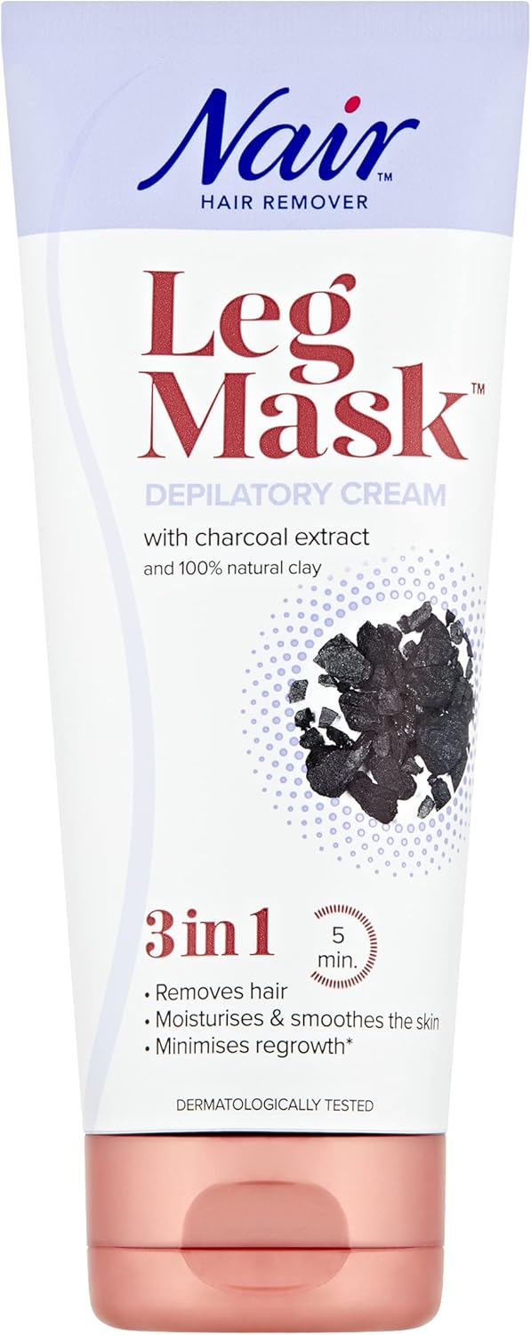 Nair Leg Mask Depilatory Cream – 3 in 1 Hair Remover with Charcoal Extract & 100% Natural Clay – Removes Hair, Moisturises & Minimises Re-Growth - 180ml