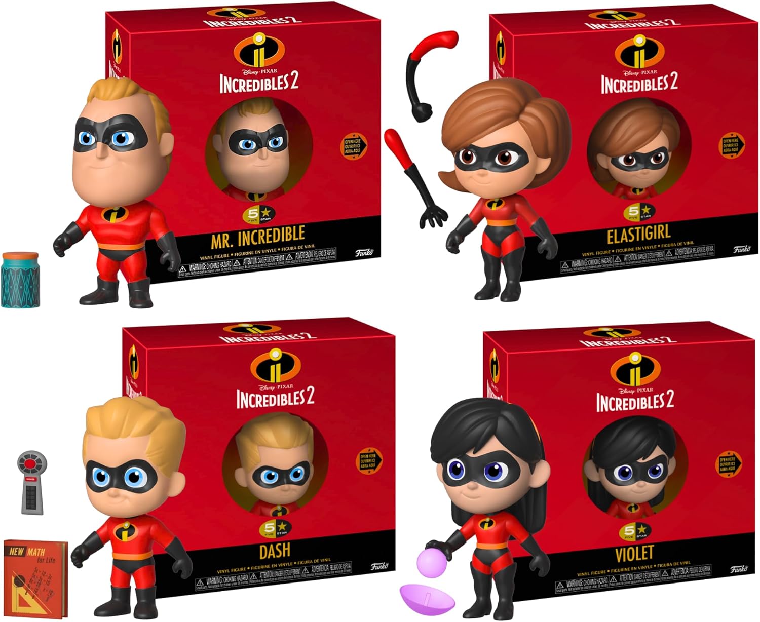 Toptoys2u Bargain Bundles Funko 5 Star Collectible Model The Incredibles 2 Miniature 8cm Vinyl Toy Figures & Accessories - Pack of 4 - Mr Incredible, Elastigirl, Dash, & Violet