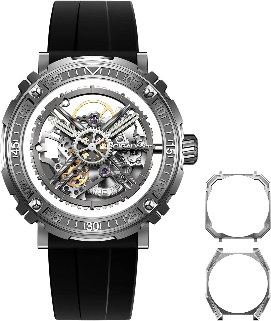 CIGA Design Automatic/Manual Mechanical Watch Magician Series Stainless Steel/Titanium Detachable Case Sapphire Crystal Fluororubber Strap Watches for Men and Women with 3 Shapes Case