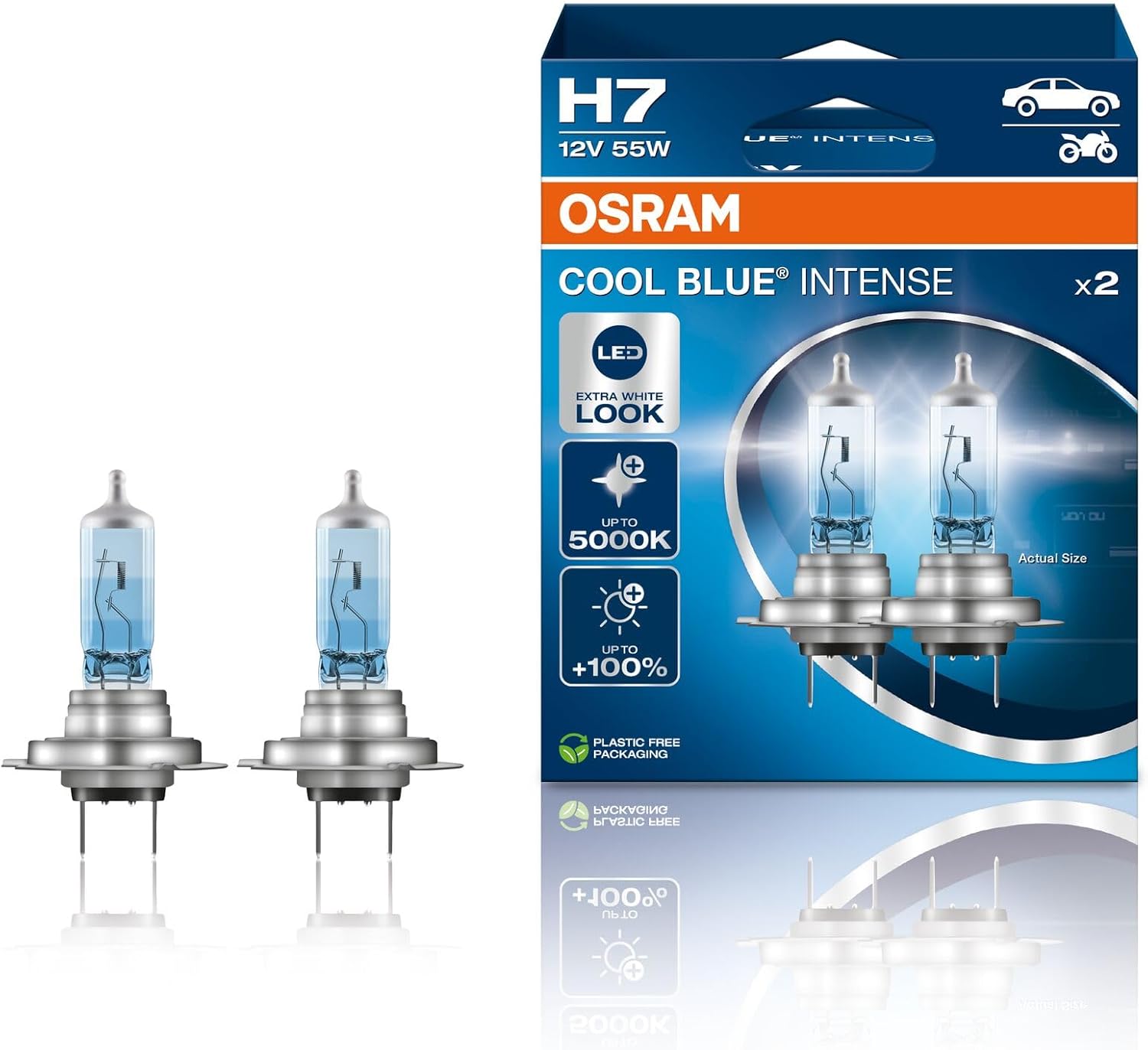 OSRAM COOL BLUE® INTENSE H7, +100% more brightness, up to 5,000K, halogen headlight lamp, LED look, Hanging folding box (2 lamps)