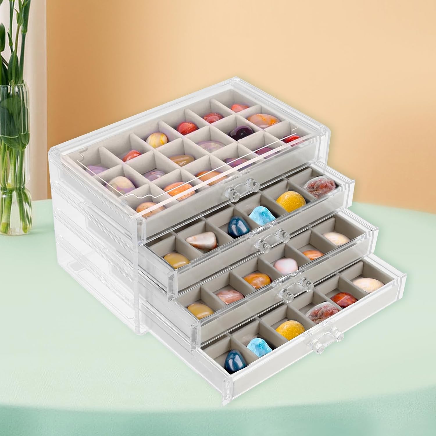 Rock Display Case ,4 Drawers Rock Collection Box 72 Grids Rock Collection Display Case Clear Crystals Display Case Gemstone Display Case Rock Case for Kids Rocks (Beige)