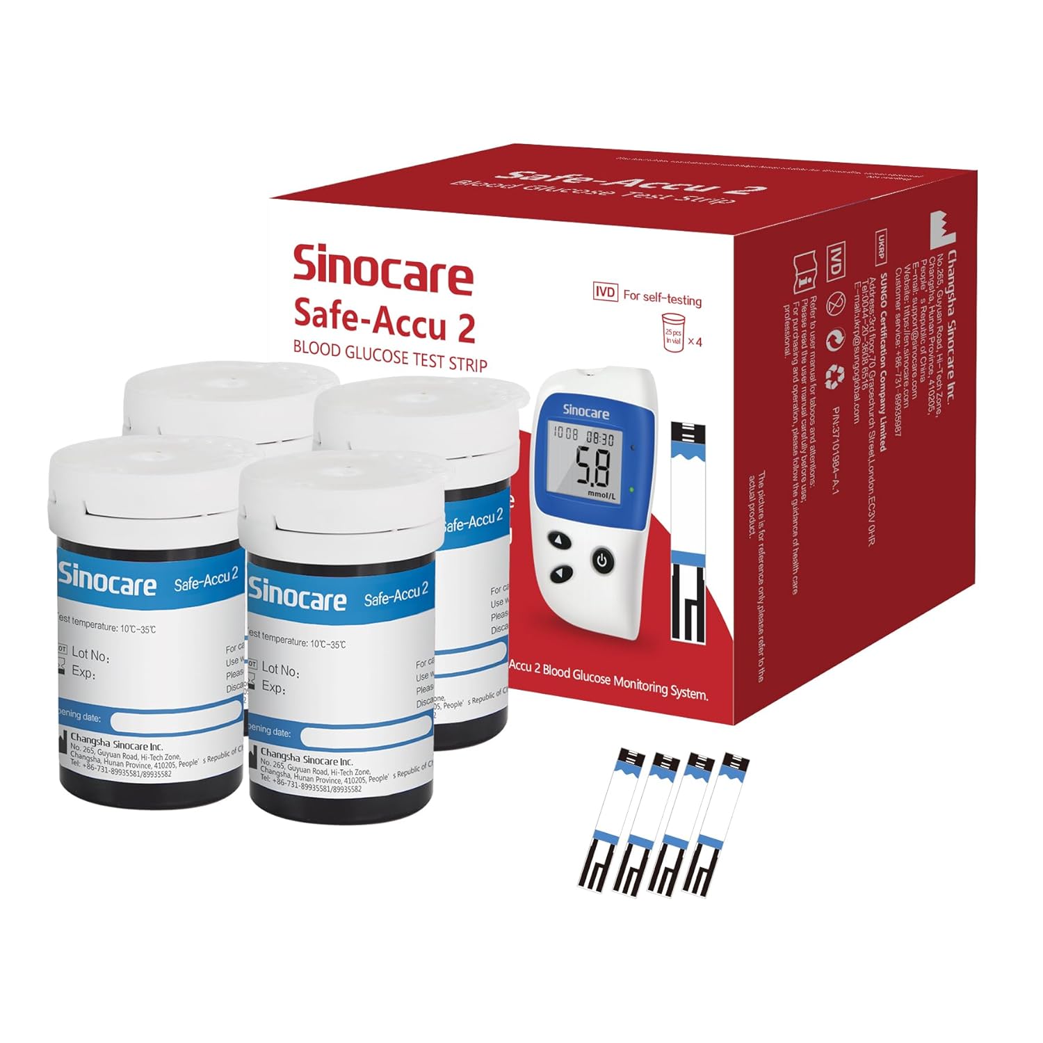 Sinocare 100PCS Safe Accu2 Blood Sugar Test Strips, only for Safe Accu2 Glucose Monitor, only 100PCS Safe Accu2 Diabetes Testing Strips, NO LANS. & GLUCOMETER