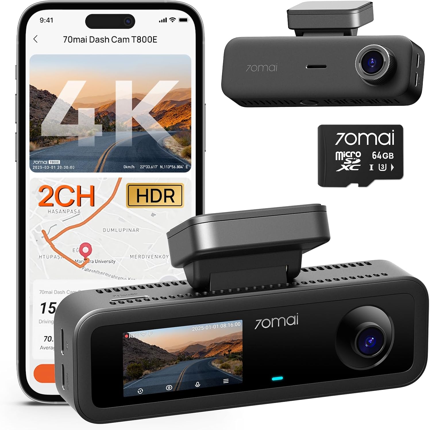 70mai 4K Dash Cam Front and Interior, 4K HDR Dash Camera with F1.55 Aperture, Wi-Fi 6, 24H Parking Surveillance, GPS, Loop Recording, 64GB Card Included, UHD Dashcam for Cars/Taxi/Uber/Lyft