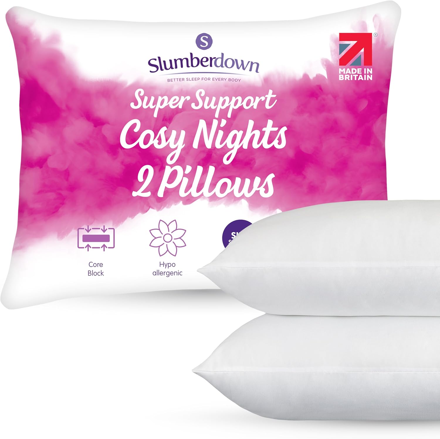 Slumberdown Cosy Nights Pillows 2 Pack - Super Support Comfy Side Sleeper Pillow for Neck and Shoulder Pain Relief, Core Foam Block, Non-Allergenic - UK Made, Washable, Packaging May Vary (48 x 74cm)