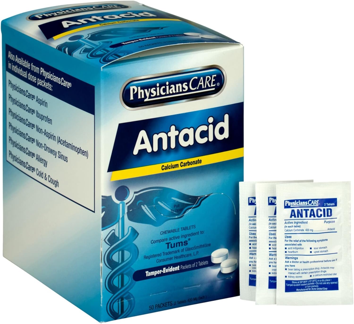 PhysiciansCare Antacid Heartburn Medication (Compare to Tums), 50 Doses of Two Tablets, 420 mg