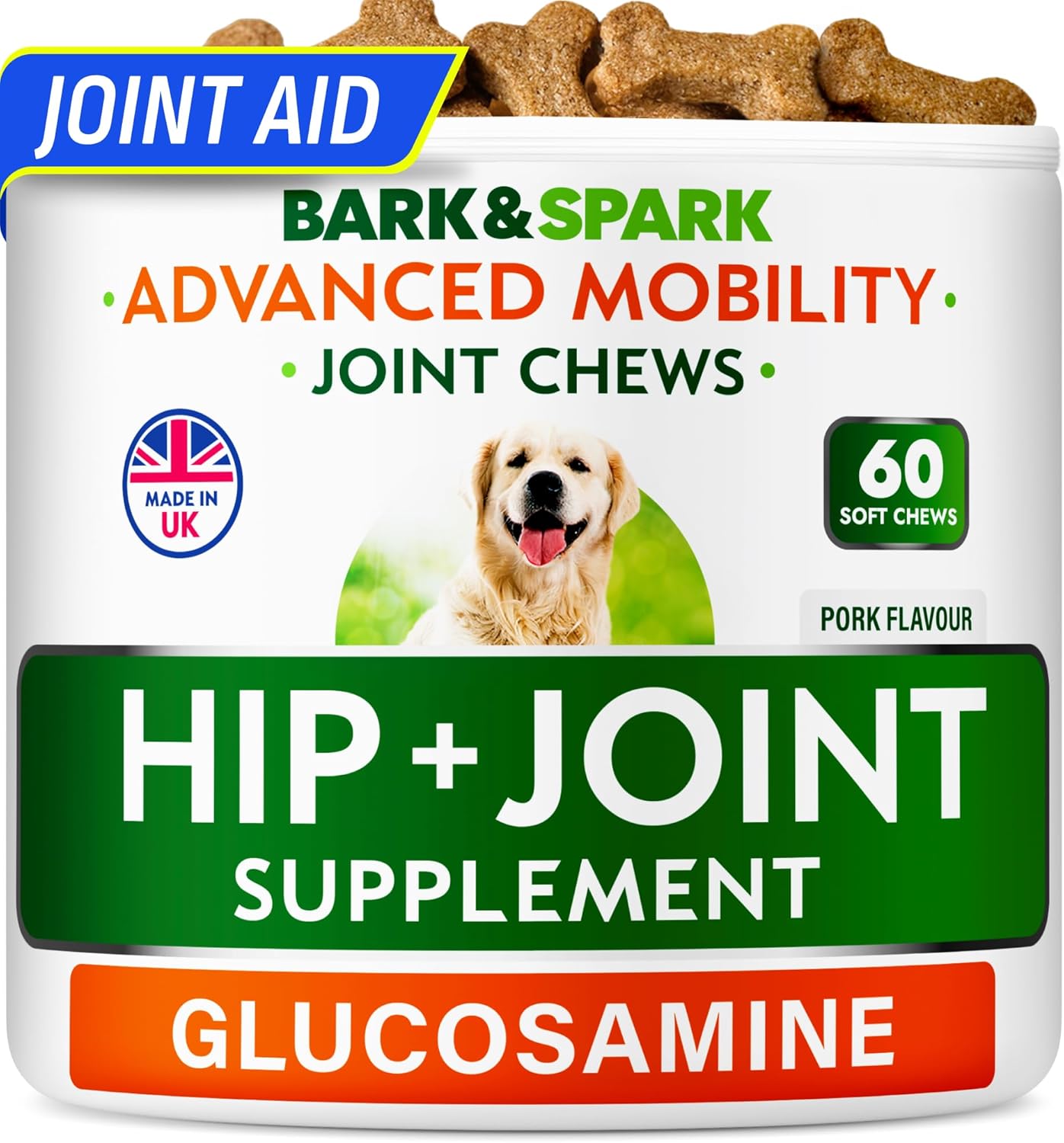 BARK&SPARK Joint Supplement for Senior & Adult Dogs – Glucosamine & Chondroitin for Mobility Support – Hip & Joint Care Chews – Made in the UK – 60 Soft Treats