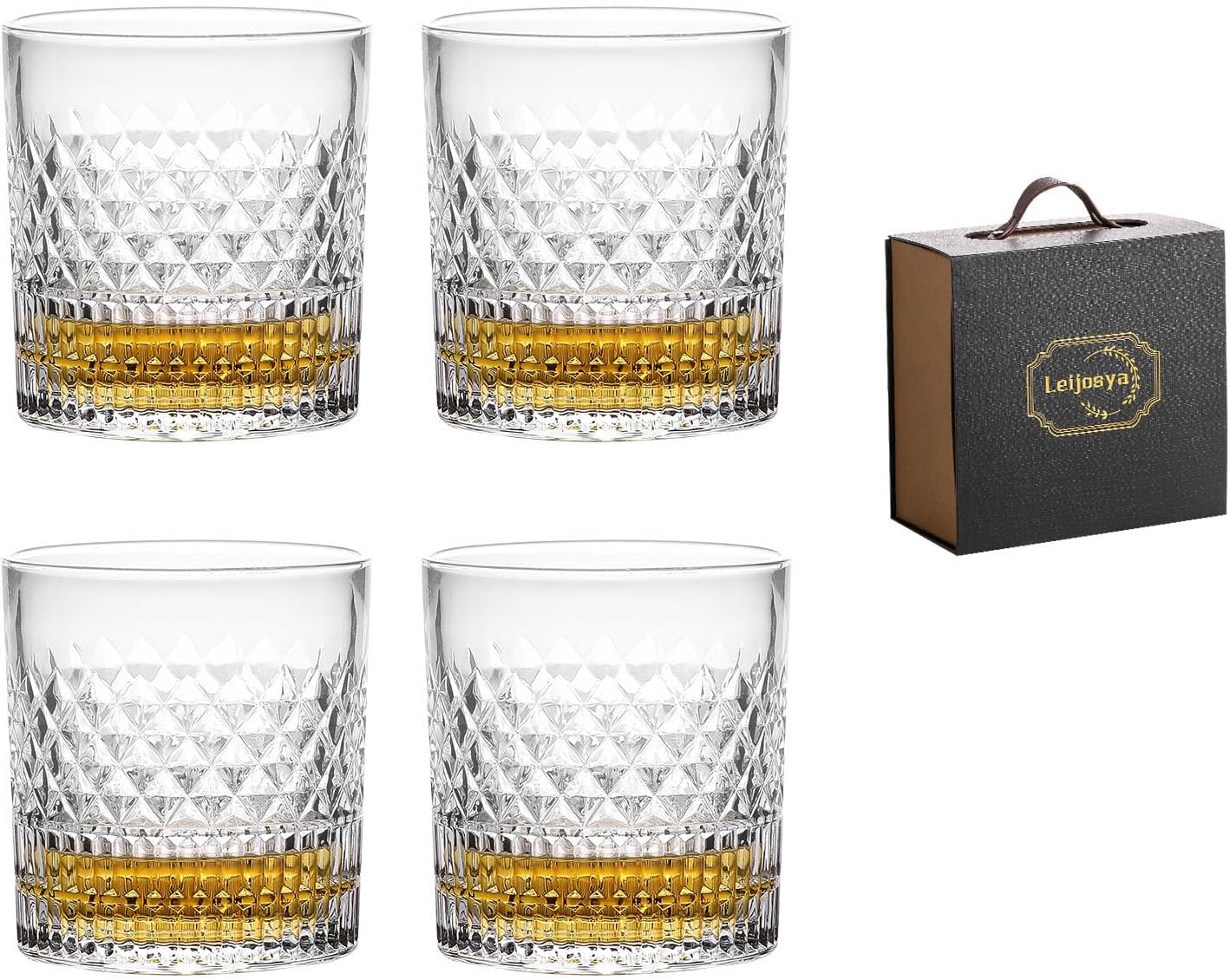 Old Fashioned Whiskey Glasses with Luxury Box - 11 Oz Rocks Barware For Scotch, Bourbon, Liquor and Cocktail Drinks，Brandy, Vodka, Rum - Set of 4 - Men Gift