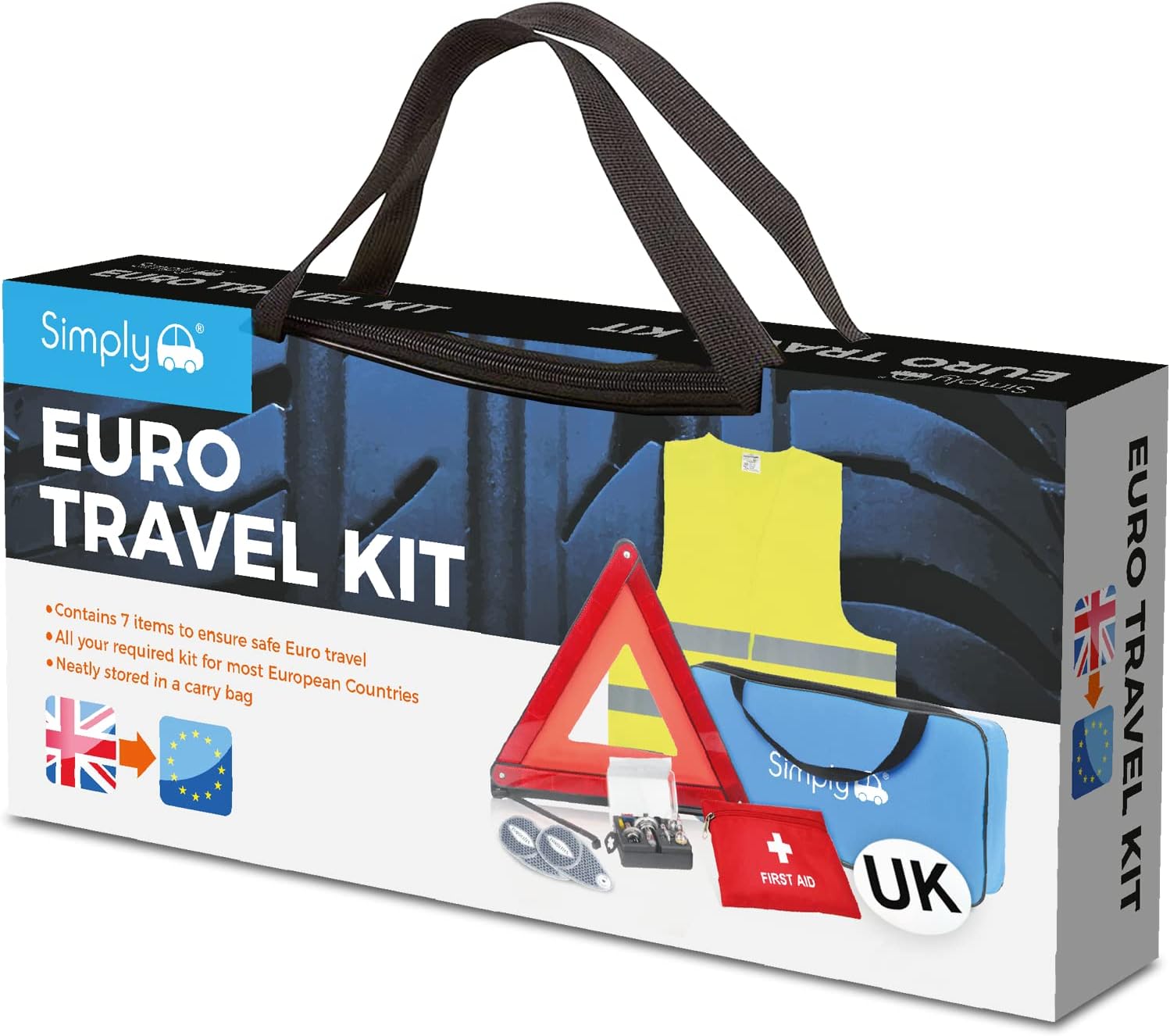 Simply ETK1 Europe Travel Kit. 7 Piece Set includes Warning Triangle, Reflective Vest, Headlight Beam Converters, UK Plate, Bulb Kit and FIRST Aid Kit
