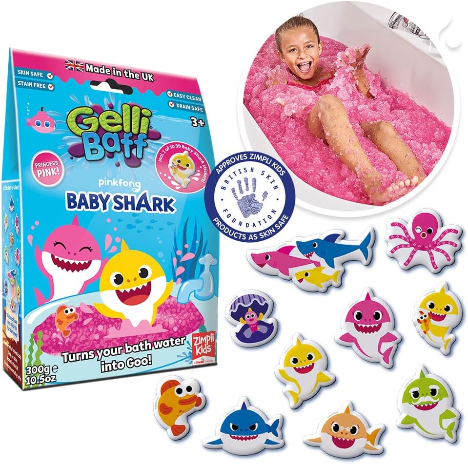 Zimpli Kids Baby Shark Gelli Baff Pink with Free Floating 3D Bath Sticker, 1 Bath or 6 Play Uses, Magically turns water into thick, colourful goo, Bathtub Toy Birthday Present for Boys & Girls