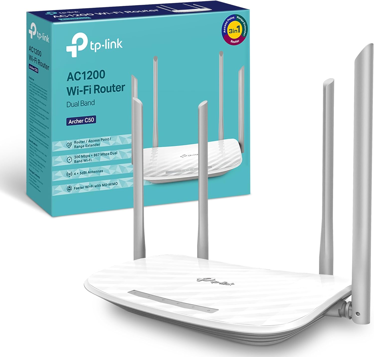 TP-Link Archer C50 AC1200Mbps Wireless Dual-Band WiFi Router, WiFi Speed up to 867 Mbps/5 GHz + 300 Mbps/2.4 GHz, 4+1 Fast Ports, Single-Core CPU, Guest Network, Parental Control, Easy Setup