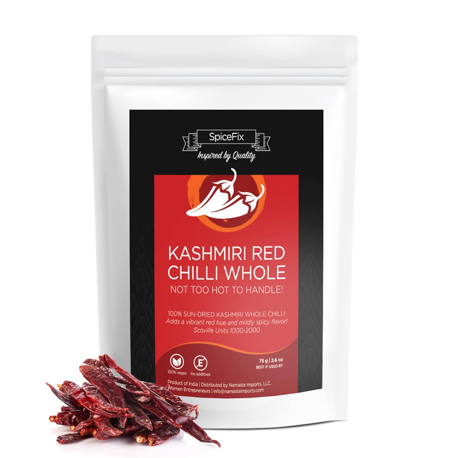 SpiceFix - Whole Kashmiri Red Chilli Pepper, Mild to Medium Heat Natural Stemless Chillies, Sun-Dried Red Pepper, Indian Dried Chili Peppers in a Resealable Bag, 2.6 Ounces