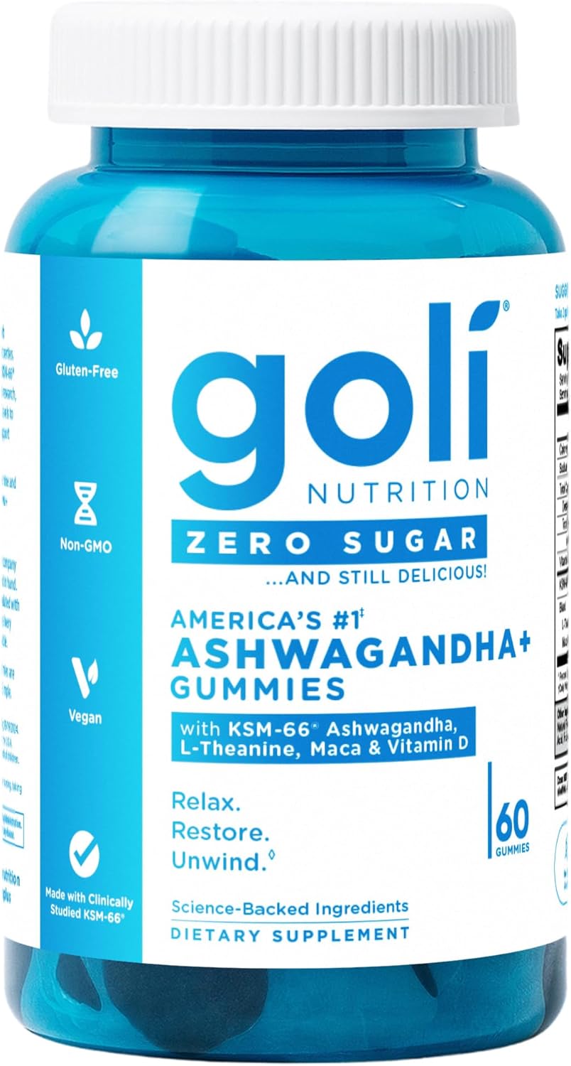 Goli Zero Sugar Ashwagandha & Vitamin D, Maca, L-Theanine Gummies, No Artificial Sweeteners, No Sugar Alcohols. Mixed Berry, KSM-66, Vegan, Plant Based, Non-GMO, Gluten-Free & Gelatin Free. (1)