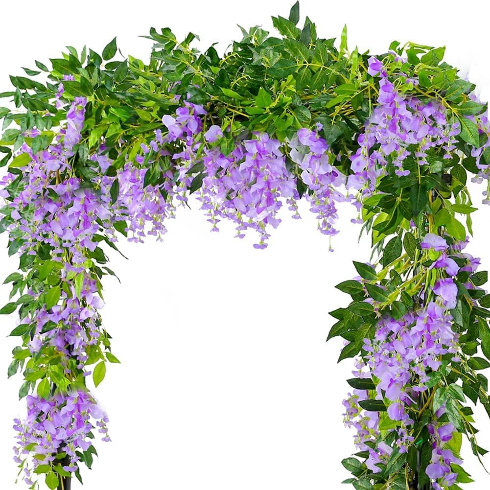 Warmiehomy Artificial Wisteria Vine Garland Purple 7FT 2Pcs Fake Silk Hanging Flowers with Green Leaves Faux Floral Plant for Indoor Outdoor Home Garden Wedding Decoration