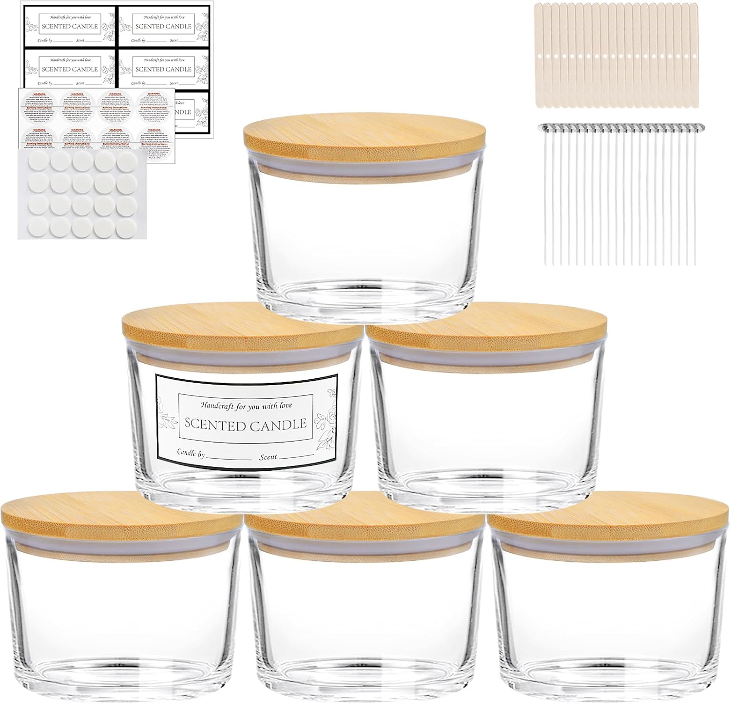 CONNOO 6-Pack 16 oz Candle Jars - 3-Wick Clear Empty Glass Wide Mouth Candle Jars Come with Bamboo Lids, Sticky Warning Labels, and a Candle Wick Kit for Candle Making - Dishwasher Safe