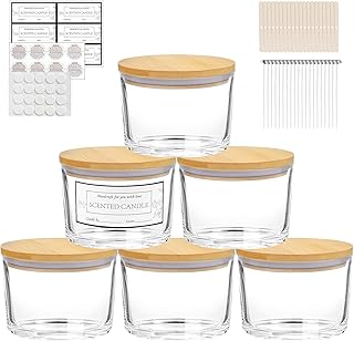 CONNOO 6-Pack 16 oz Candle Jars - 3-Wick Clear Empty Glass Wide Mouth Candle Jars Come with Bamboo Lids, Sticky Warning Labels, and a Candle Wick Kit for Candle Making - Dishwasher Safe