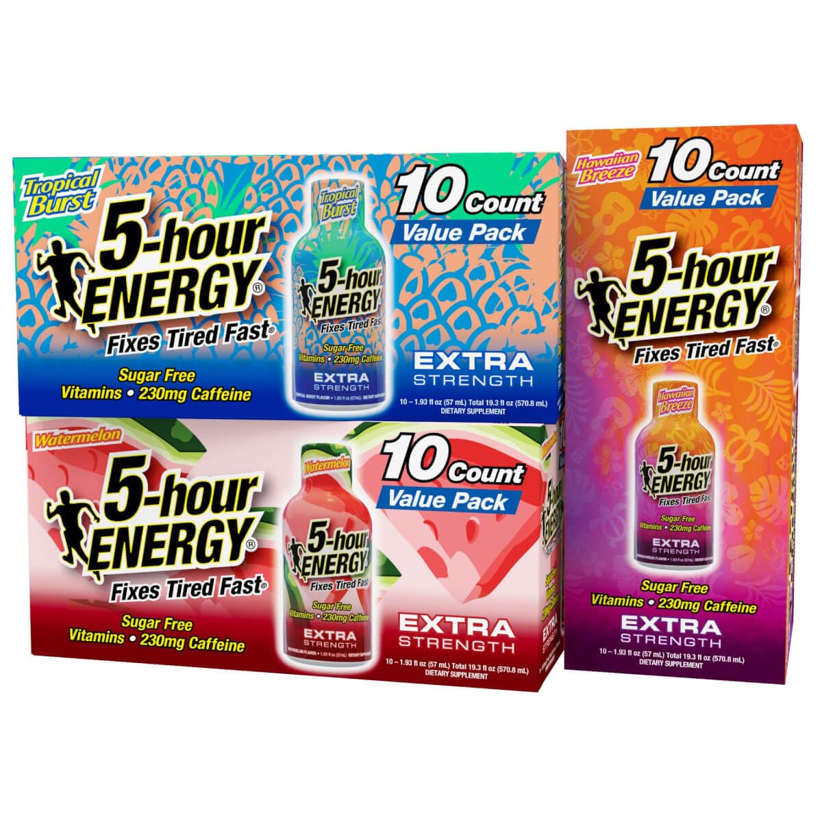 5-Hour Energy Extra Strength Shots Variety Pack, 30 Count (1.93 fl oz) - Tropical Burst, Hawaiian Breeze, Watermelon Flavors