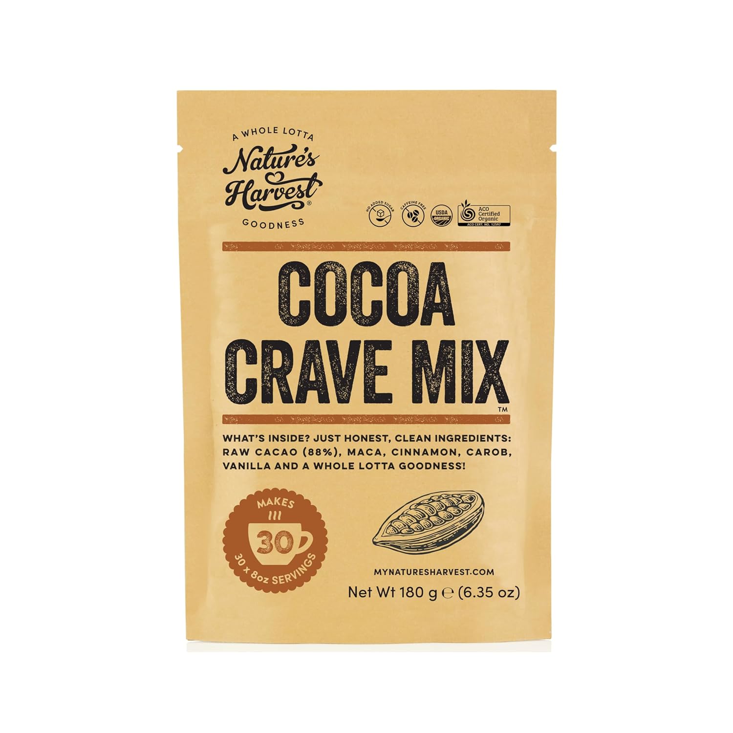 Nature's Harvest Cocoa Crave Mix - 5 Superfood Hot Chocolate Mix with Raw Organic Cacao Powder, Maca, True Cinnamon, Carob and Vanilla | Dark Chocolate Powder | Vegan, Gluten-Free, Unsweetened | 30 Servings