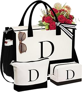 YOOLIFE Christmas Gifts for Women - Initial Canvas Tote Bag & Makeup Bag, Personalized Birthday Gifts for Women Mom Daughter Sister Friends Girlfriend, Bridesmaid Wedding Gifts