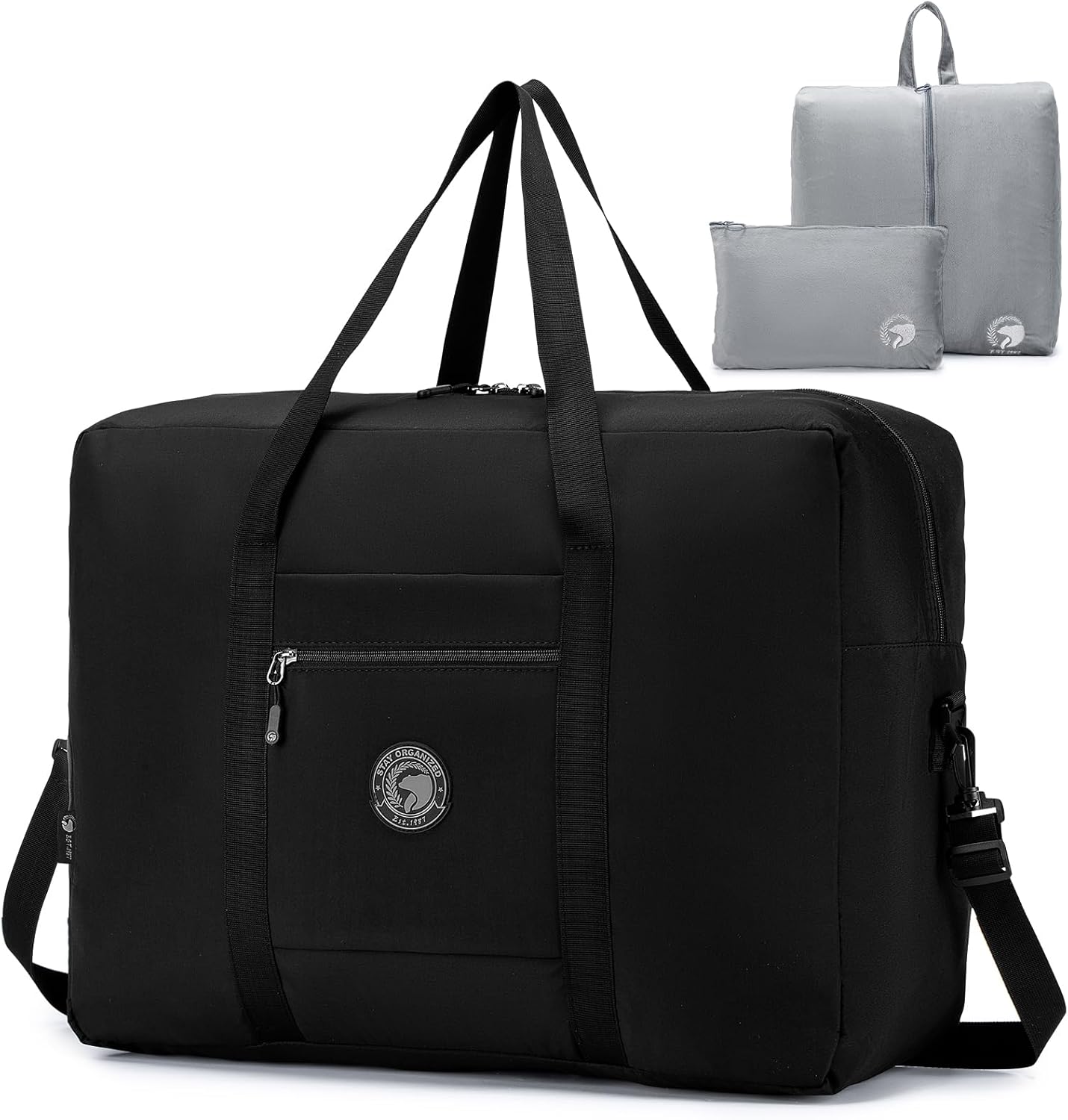 SPAHER Travel Duffle Bag Cabin Bag 55x40x20 Ryanair TUI Airways Lufthansa 45L Carry-on Hand Luggage Lightweight Foldable Packable Overnight Holdall Waterproof Travel Handbag Suitcase Bag Black