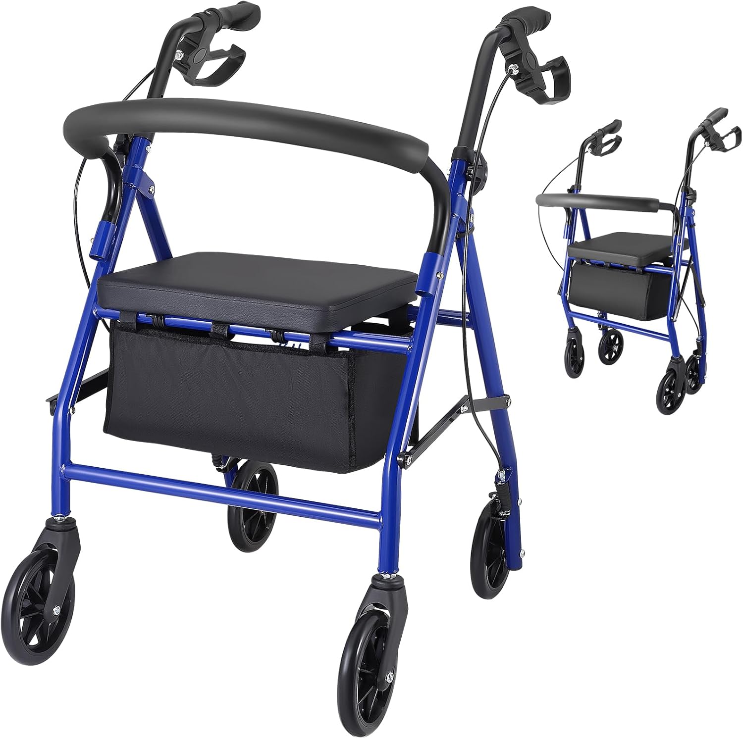 Rollator Walker with Seat, Brakes, Bag, Foldable Walking Aid, Adjustable Height, Lightweight Rollator for Disabled, Portable Walker for Elderly，150KG Capacity