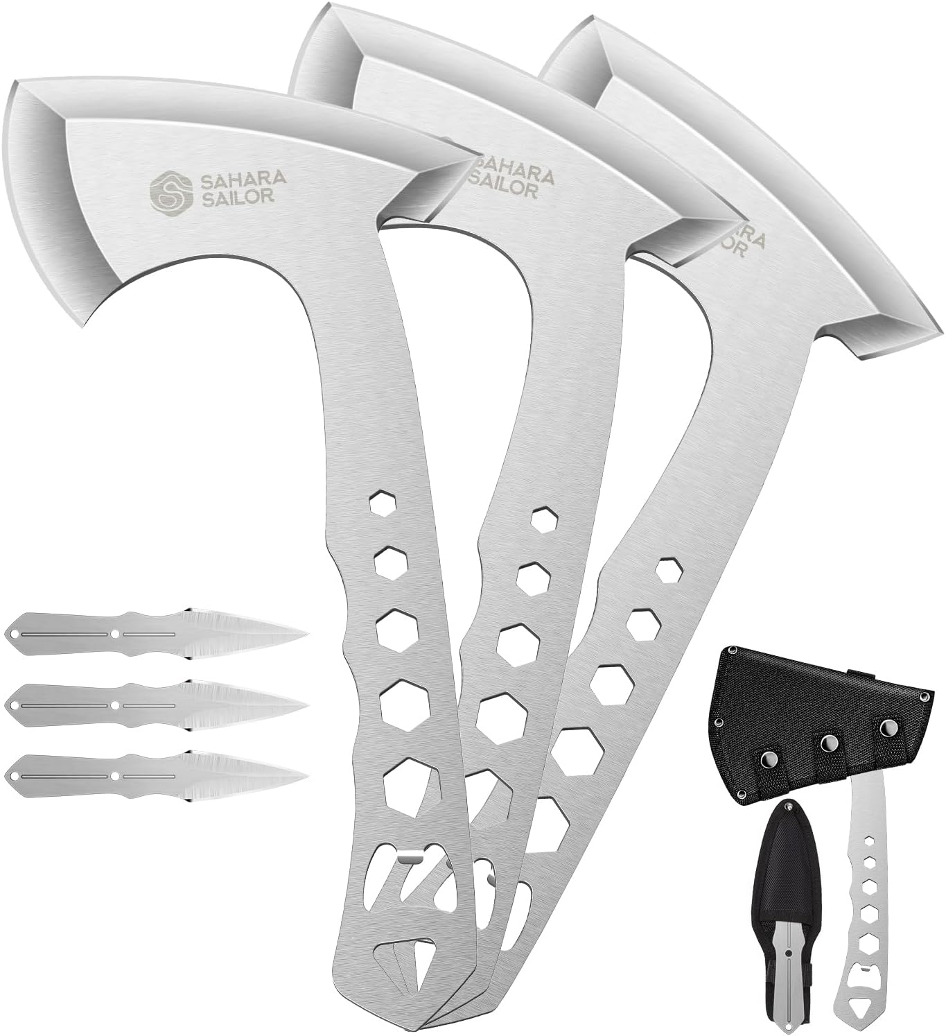 Sahara Sailor Throwing Axes, 3 Pack 10inch Throwing Axes and Tomahawks Set, with Bottle Openers, a Wrench and Nylon Sheath for Competiton and Recreation